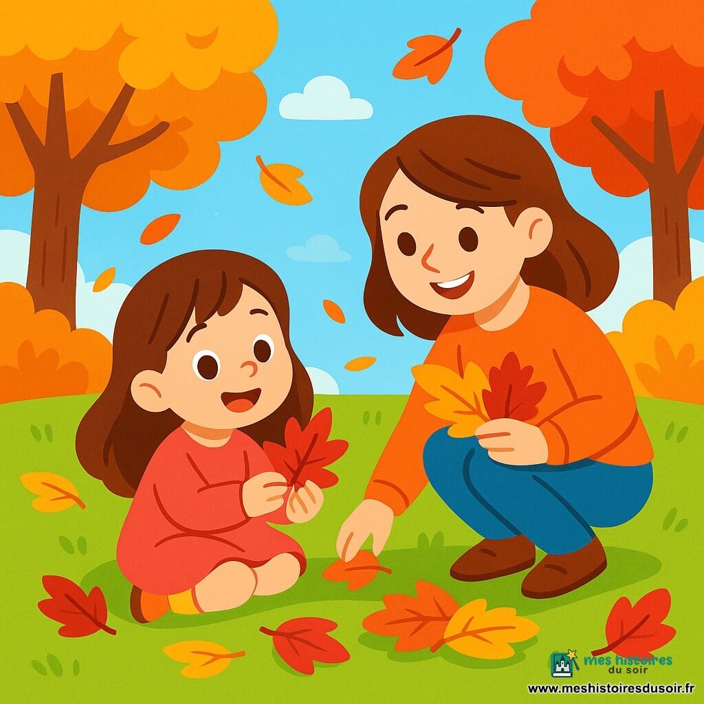 Une petite fille de 4 ans, Alice, aux longs cheveux bruns et aux yeux pétillants, est assise sur l'herbe, entourée de feuilles d'automne colorées. Elle sourit en tenant une feuille rouge. À côté d'elle, sa maman, une femme d'environ 30 ans avec des cheveux châtains, est accroupie pour ramasser d'autres feuilles, fière de sa fille. Le parc est rempli d'arbres aux feuilles dorées, oranges et rouges, sous un ciel bleu clair. Alice et sa maman ramassent des feuilles pour un bricolage, partageant rires et sourires, illustrant la magie de l'automne.