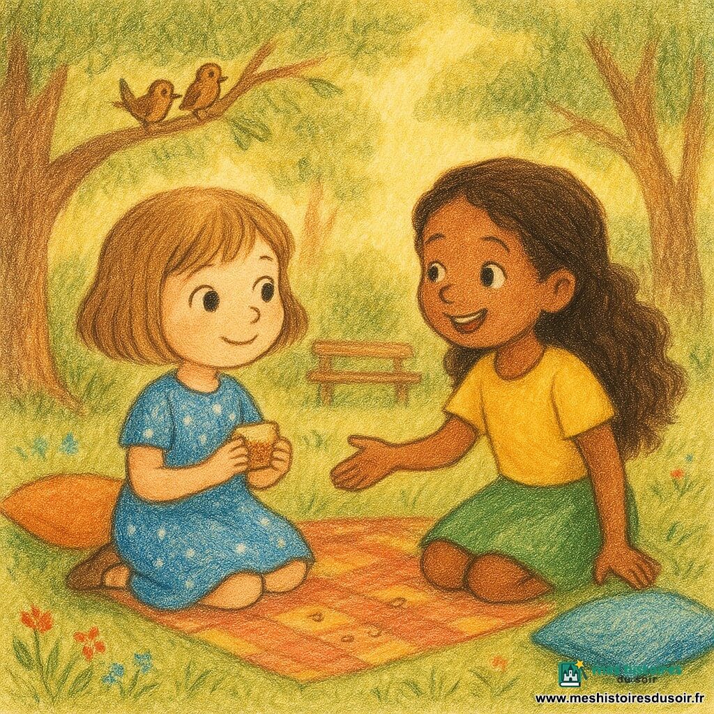 Deux fillettes de six ans, Lila (cheveux châtain clair courts, robe bleue à étoiles) assise à gauche tenant un petit sandwich et Zoé (cheveux bruns longs et bouclés, t‑shirt jaune et jupe verte) assise à droite, penchée vers Lila la main tendue, partagent un pique‑nique paisible dans un coin secret du jardin de l'école, sous de grands arbres baignés d'une lumière dorée, entourées d'herbe, de fleurs sauvages, de coussins colorés et d'oiseaux perchés.