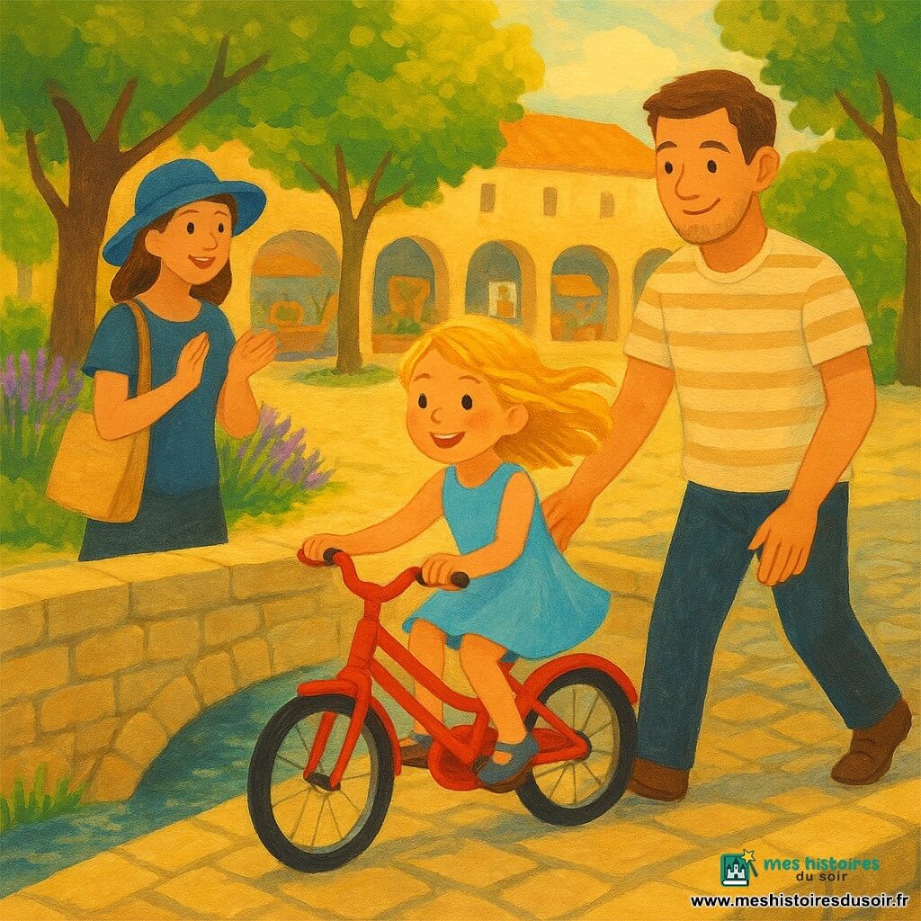 Une fillette de six ans aux mèches blondes et taches de rousseur, en robe bleu ciel, souriante et fière, pédale un petit vélo rouge sans roulettes sur un pont en pierre tandis qu’un homme d’une trentaine d’années au visage doux en t‑shirt rayé la soutient légèrement par la selle à sa droite, une femme d’environ 33 ans coiffée d’un chapeau bleu et portant un sac en tissu applaudit derrière à gauche, et une grand‑mère aux cheveux gris attachés et robe à fleurs applaudit depuis le trottoir ; la scène se déroule sur une place de village lumineuse bordée de tilleuls et de lavande, pavés clairs, arcades et stands d’artistes en arrière‑plan, un ruisseau scintillant sous le pont, lumière dorée d’été et couleurs chaudes façon gouache, moment joyeux et rassurant d’apprentissage.