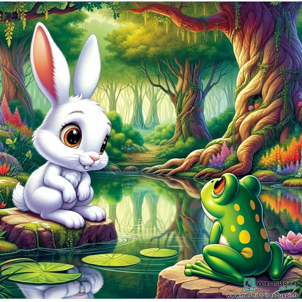 Dans une forêt enchantée, un petit lapin blanc nommé Théo s'assoit au bord d'un lac, regardant son reflet avec émerveillement. À ses côtés, une grenouille verte nommée Gracie l'observe avec bienveillance, prête à lui donner des conseils. En arrière-plan, des arbres majestueux et des fleurs éclatantes créent une atmosphère magique. Théo se questionne sur sa quête de connaissance, tandis que Gracie l'encourage à explorer son cœur dans ce cadre féerique.