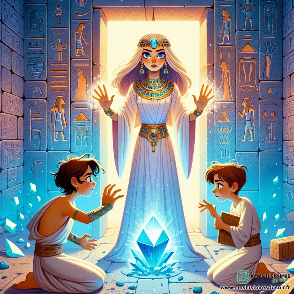 Nefret, une jeune femme égyptienne de 16 ans, se tient au centre de la scène, déterminée. Elle porte une toge de lin blanc avec des motifs dorés et une amulette de lapis-lazuli. Son visage exprime une intense concentration alors qu'elle lève les mains vers le Cœur d’Atoum, un cristal lumineux pulsant d'une lumière bleue. À ses côtés, Menkaou, un garçon de 15 ans, l'observe avec admiration, agenouillé et tenant une tablette d’argile, son visage trahit une peur mêlée d’espoir. La scène se déroule dans une salle ancienne au cœur d'une pyramide inachevée, ornée de hiéroglyphes lumineux et remplie d'une atmosphère mystique. Nefret et Menkaou se préparent à affronter une femme spectrale menaçante, dont la silhouette se profile dans l’ombre, alors que l'air est chargé de tension et de magie.