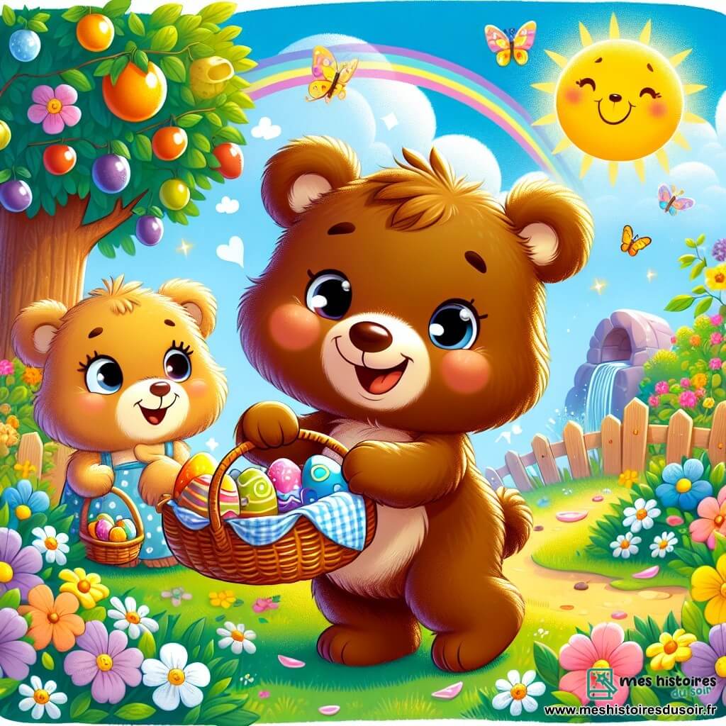 Un petit ours nommé Oscar, avec un pelage brun doux et des yeux curieux, cherche des œufs en chocolat dans un jardin ensoleillé. Joyeux, il tient un panier en osier rempli d'œufs colorés. À ses côtés, Maman Ours, une grande ourse au pelage légèrement plus clair, le regarde avec fierté, souriant et tenant une guirlande de fleurs. Le jardin est vibrant, rempli de fleurs éclatantes, d'arbres fruitiers et d'une petite fontaine scintillante. Des papillons dansent autour des fleurs. Oscar découvre un œuf en chocolat caché sous une fleur jaune, rayonnant de joie, tandis que Maman Ours l'observe avec bienveillance.