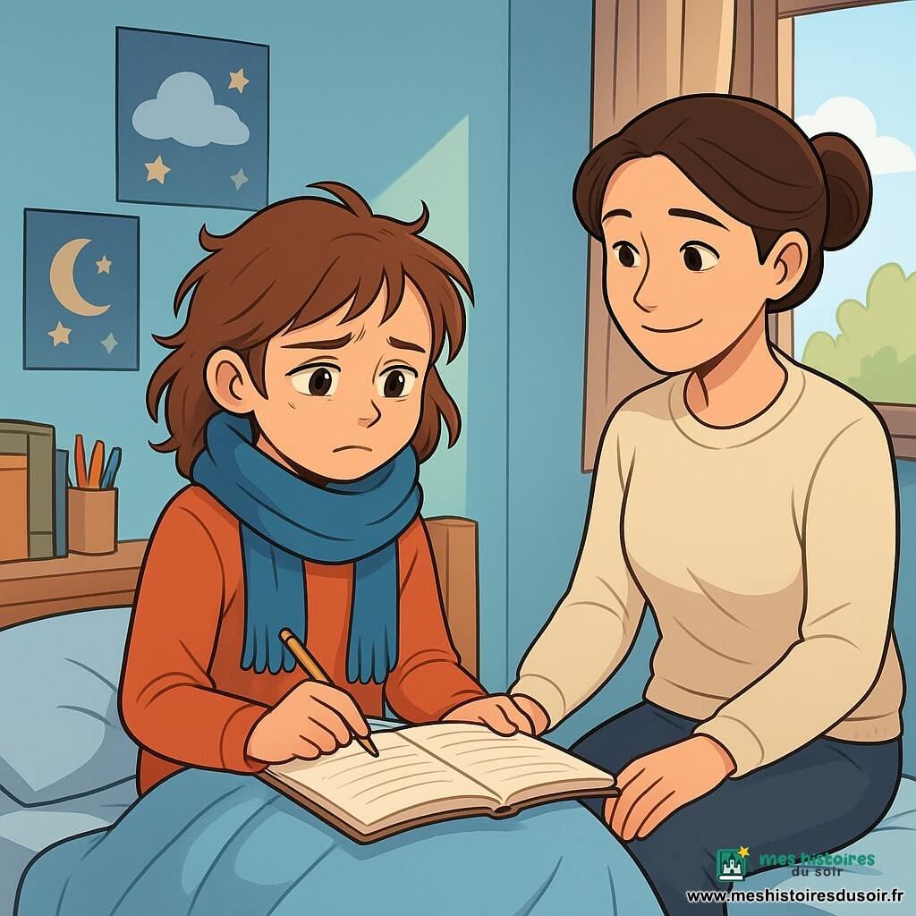 Camille, une fille de 12 ans, est assise sur son lit, les cheveux châtains en désordre et une écharpe bleue autour du cou. Son visage montre une légère inquiétude mêlée de détermination, ses yeux brillants d'espoir. Elle tient un cahier ouvert sur ses genoux, contenant son "pacte avec elle-même". À côté d'elle, sa mère, une femme d’une trentaine d’années avec des cheveux bruns en chignon, la regarde avec bienveillance, assise sur le bord du lit dans un pull confortable et un pantalon de maison. La chambre, lumineuse avec des murs bleu clair et des posters de nuages et d’étoiles, contient un bureau chargé de livres et de crayons colorés. Une fenêtre ouverte laisse entrer la lumière du jour. Camille respire lentement pour calmer sa toux, se concentrant sur son cahier, dans une atmosphère de réconfort et de courage, consciente de sa force intérieure malgré sa maladie.