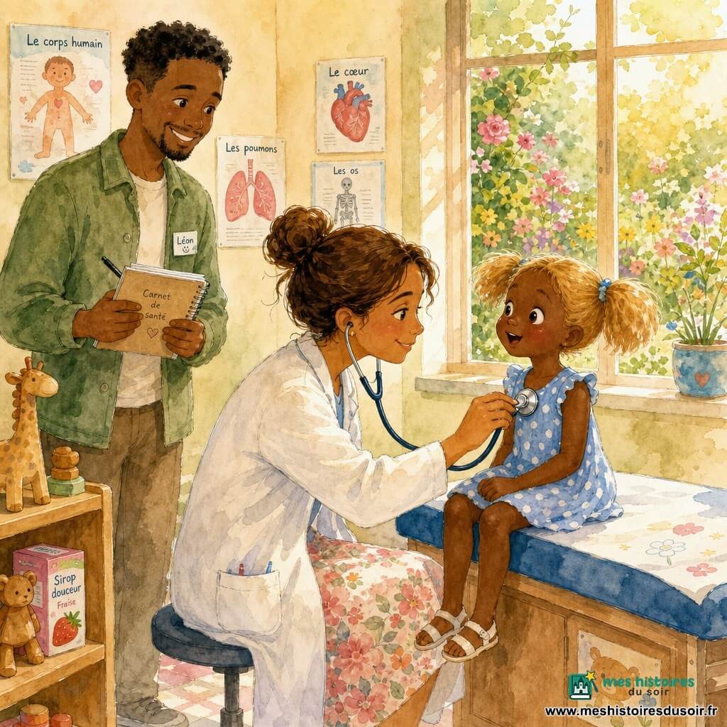 La docteure Clara, souriante et bienveillante, cheveux châtains en chignon et blouse blanche, penchée pour poser un stéthoscope sur la poitrine d’Emma, une fillette d’environ 6 ans aux couettes blondes et robe à pois bleu clair, assise sur la table d’examen, tandis que Léon, assistant d’une trentaine d’années en veste verte, tient un carnet et observe avec un sourire encourageant ; la salle d’examen lumineuse aux murs crème, affiches colorées, étagère avec jouets et fenêtre donnant sur un jardin fleuri baigne dans une douce lumière dorée du matin, créant une ambiance calme, rassurante et pastel.
