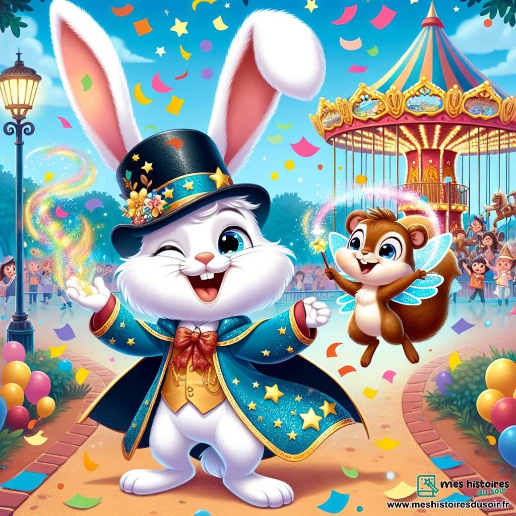 Au centre de l'image, un lapin magicien nommé Benjamin, avec un pelage blanc et des grandes oreilles, porte une cape bleue scintillante et un chapeau en forme de melon décoré d'étoiles dorées. Il lance des confettis colorés, créant une pluie de couleurs vives. À sa droite, une petite écureuil nommée Lola, avec un pelage brun et des ailes de fée, sourit en tenant une baguette magique et danse joyeusement. En arrière-plan, le parc est décoré de guirlandes multicolores, de ballons et de manèges, tandis que des enfants jouent autour d'eux. Benjamin et Lola sont au cœur d'un carnaval animé, illustrant un moment de bonheur partagé.