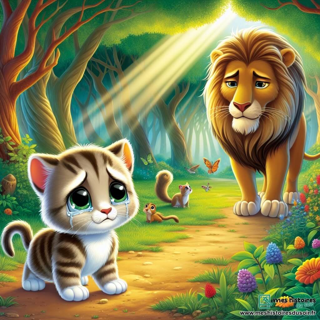 Un chaton nommé Félix, avec un pelage crème et brun, se tient sur un chemin de terre, les yeux pleins de larmes, montrant sa tristesse. À ses côtés, un lion nommé Léon, avec une crinière dorée et un regard bienveillant, se penche vers lui, prêt à l'aider avec un sourire rassurant. Le décor est une forêt verdoyante avec des arbres épais et des rayons de soleil filtrant à travers le feuillage, créant une ambiance magique. Félix, le chaton perdu, se confie à Léon, symbolisant l'amitié et la solidarité entre les animaux.