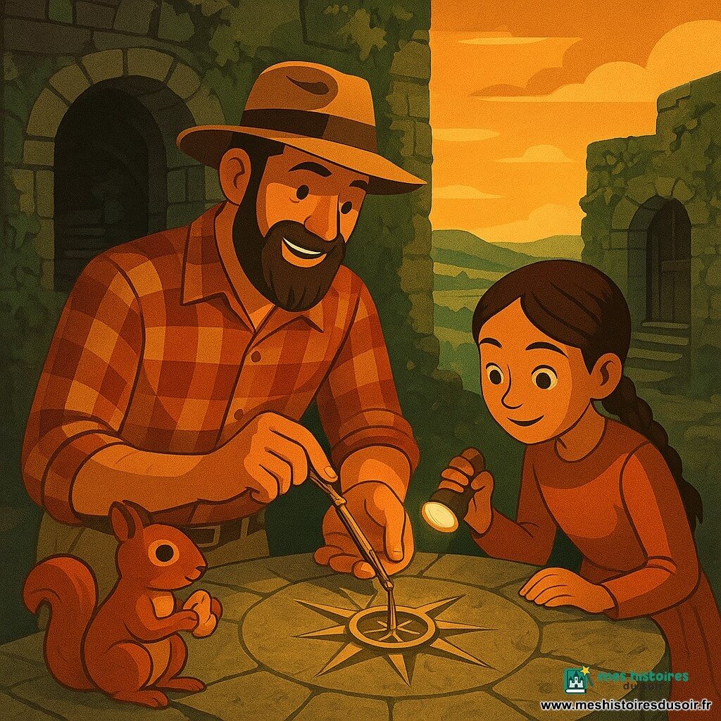 Un explorateur grand et barbu en chemise à carreaux et pantalon beige, souriant et émerveillé, tient un vieux compas en laiton posé sur une pierre tandis qu'à sa droite Lucie, environ 9 ans, cheveux châtains en tresse et lampe de poche allumée, se penche attentive ; un écureuil roux sur le bord de la terrasse tient un biscuit ; ils sont sur une terrasse circulaire en pierre d'un fortin en ruine, murs couverts de mousse et lierre, escaliers en colimaçon, vallée verdoyante et ciel doré à l'arrière-plan ; la pointe du compas touche une étoile gravée, ouvrant un petit tiroir révélant une vieille boussole et une lettre ; lumière chaude, ombres graphiques, textures de pierre, métal et tissu, palette ocre, vert mousse et brun, lignes nettes et stylisation art déco.