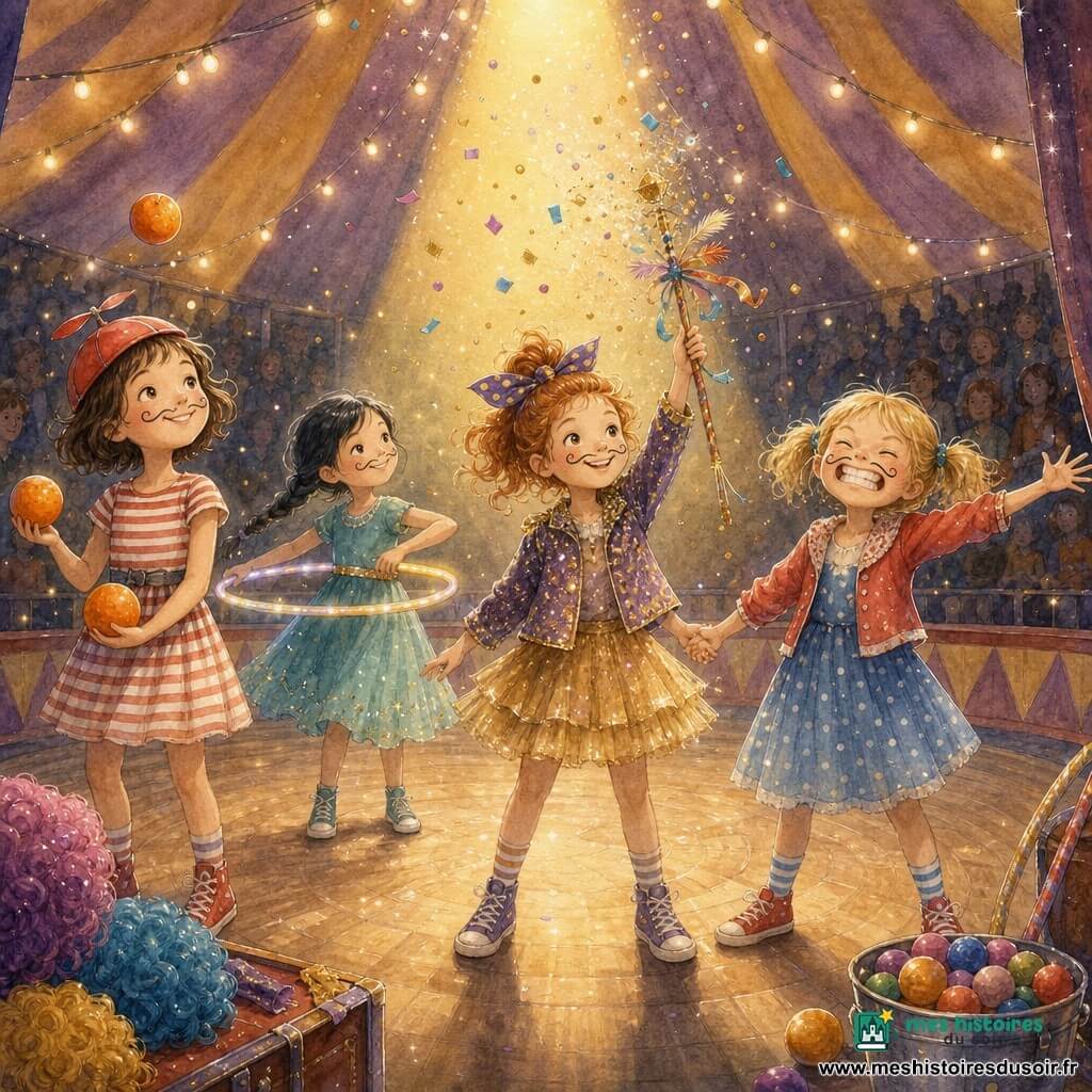 Quatre filles dans un chapiteau jaune et violet : Zoé (9 ans) cheveux châtain courts, casquette à hélice rouge, robe rayée, jongle trois oranges à gauche avec une expression malicieuse ; Mila (8 ans) cheveux noirs en tresse, robe turquoise, cerceau lumineux autour de la taille, tourne son hula-hoop en arrière-plan à droite ; Emma (7 ans) cheveux blonds en couettes, visage très expressif, fait une grosse grimace à droite, bras écartés ; Lila (9 ans) cheveux roux noués d’un ruban à pois, veste pailletée bricolée, au centre tenant une baguette magique en bois décorée de papier doré, rubans et plumes qui vibre et libère confettis. Sous le chapiteau, piste circulaire en bois verni, gradins sombres remplis de silhouettes, guirlandes de lumières chaudes, projecteur doré sur le centre et éléments de coulisses visibles ; les quatre amies sont en final, mains jointes, sourires larges, moustaches au crayon, pluie de paillettes dorées et confettis, ambiance festive aux couleurs vives et textures aquarelle.