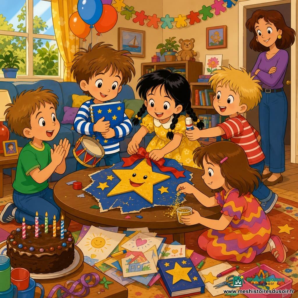 Un salon chaleureux et coloré où cinq enfants de 6 ans — Lucas, timide et rayonnant, cheveux châtain clair, tenant son carnet et un petit tambour ; Samira, souriante, cheveux en tresses, collant un ruban rouge ; Tom, enthousiaste en t‑shirt vert, applaudissant ; Ana, rêveuse, saupoudrant paillettes ; et Jules, malicieux, tendant un tube de colle — chantent en cercle autour d'une décoration réparée posée sur la table où trône un gâteau au chocolat, entourée de guirlandes et ballons ; la maman, la trentaine, souriante, veille près de la porte ; ambiance festive, lumineuse et solidaire, style dessin animé coloré des années 90.