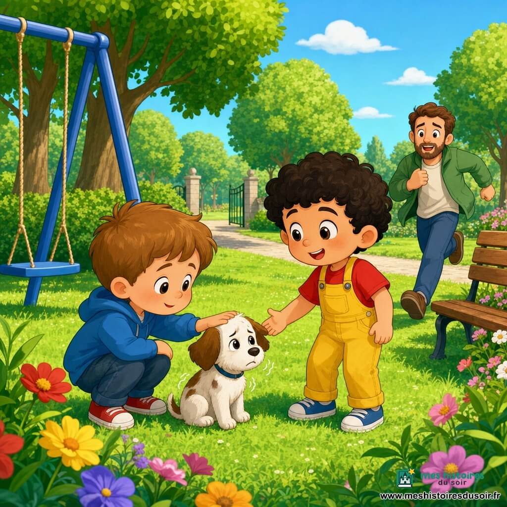 Timothée, 4 ans, visage rond, cheveux châtain clair courts, yeux grands, sourire timide, est accroupi pour caresser un petit chiot tremblant; Lucas, 4 ans, cheveux bouclés noirs, t‑shirt rouge et salopette jaune, se tient debout à côté, souriant et tendant la main pour réconforter le chiot. Un homme d'une trentaine d'années, barbe courte et veste verte, arrive en courant depuis l'entrée du parc, soulagé et ému. Le chiot, petit, blanc tacheté de brun, oreilles tombantes et regard reconnaissant, est assis entre les garçons. Scène dans un parc ensoleillé avec pelouse, une grande balançoire bleue à gauche, un banc à droite, arbres et fleurs colorées, ambiance chaleureuse et rassurante, couleurs vives et silhouettes arrondies.