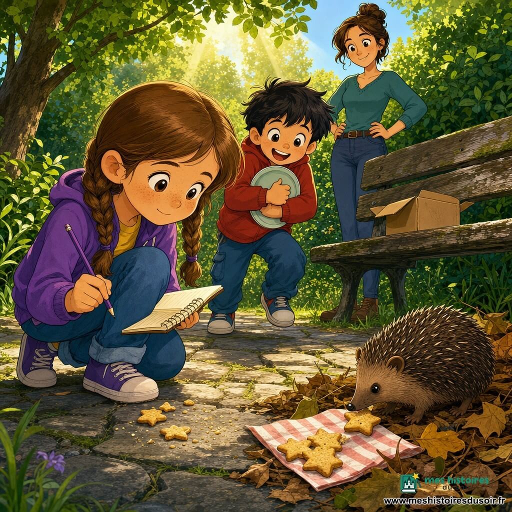 Une fillette de 8 ans au visage rond et taches de rousseur, cheveux châtain clair en deux nattes, yeux curieux, accroupie avec un carnet à spirales et un crayon violet, observe un petit tas de biscuits; Nino, un garçon d’environ 5 ans aux cheveux foncés en bataille, tient une assiette vide contre sa poitrine derrière elle, tout excité; la mère, environ 35 ans, cheveux en chignon, main sur la hanche, veille protectrice; un petit hérisson brun au museau pointu, miette sur le nez, renifle une serviette en papier rayée à la fraise près d’un tas de feuilles et de biscuits en forme d’étoile; lieu : sentier boisé lumineux avec dalles de pierre, vieux banc en bois portant une boîte en carton ouverte et miettes visibles, buissons et rayons de soleil; situation : scène douce d’enquête où la fillette détective examine les indices pendant que le hérisson révèle la cachette des biscuits, ambiance chaleureuse et curieuse.