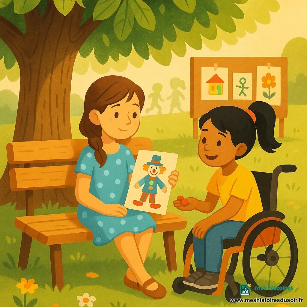 Deux filles d'environ 8 ans : Mina, cheveux châtains mi-longs en tresse lâche, robe bleu clair à pois blancs, assise jambes croisées sur un banc sous un grand marronnier, tenant dans la main droite une feuille montrant un docteur-clown et affichant un demi-sourire apaisé ; Zoé, cheveux noirs tirés en queue haute, en petit fauteuil roulant moderne orange, en t-shirt jaune et jean, penchée vers Mina pour lui offrir deux bonbons rouges à la cerise avec un sourire complice. Le parc ensoleillé présente un sol ombragé par le feuillage, pelouse parsemée de fleurs et feuilles tombées, silhouettes d'enfants jouant en arrière-plan et dessins accrochés à un panneau ; la scène est chaleureuse et rassurante, lumière dorée, couleurs vives et contours simples, adaptée à un livre pour enfants.