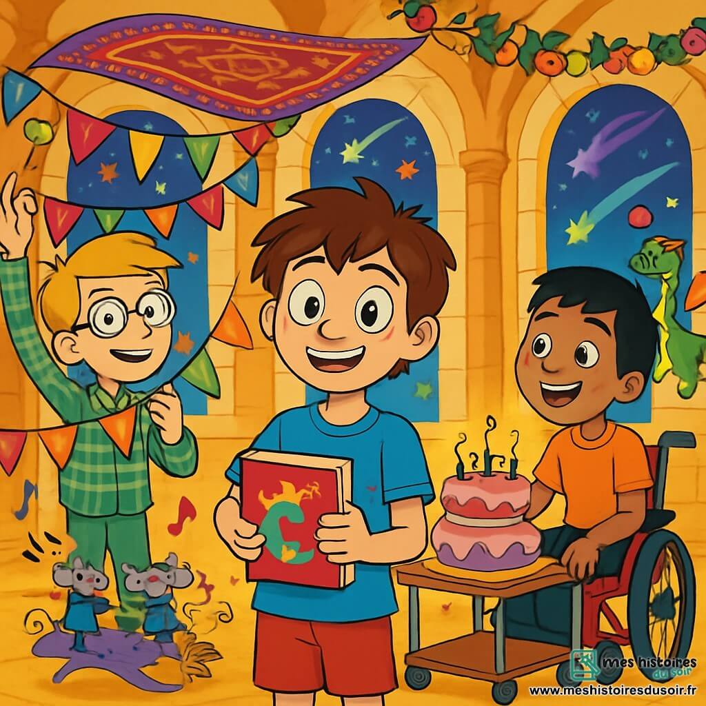 Il y a trois personnages : Léo, un garçon de 9 ans avec des cheveux bruns et un t-shirt bleu, souriant au centre avec un carnet magique ; Maxime, à gauche de Léo, décorant la salle avec des guirlandes colorées, portant une chemise à carreaux ; et Sami, à droite en fauteuil roulant rouge, poussant un gâteau chantant. L'action se déroule dans le Palais des Gâteaux, un château en pâte d’amande, rempli de décorations scintillantes et d'un tapis volant. Les trois amis préparent la fête d'anniversaire de Léo, entourés de créatures fantastiques, créant une ambiance festive et magique.