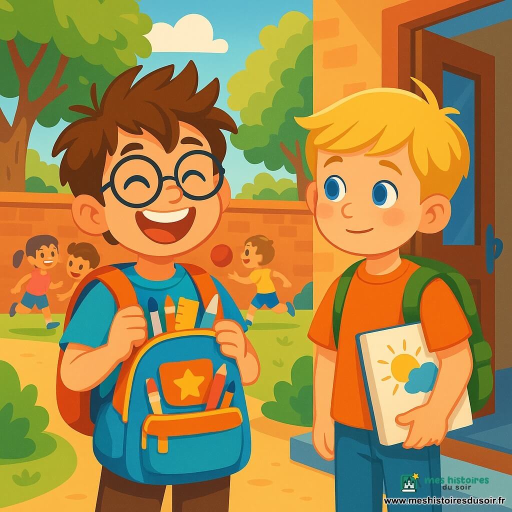 Lucas, un garçon de 8 ans aux cheveux bruns en bataille et lunettes rondes, sourit en tenant son sac à dos coloré rempli de fournitures scolaires. À ses côtés, Adam, également âgé de 8 ans, aux cheveux blonds et yeux bleus, regarde timidement avec un carnet de dessin sous le bras, admirant Lucas. La scène se déroule dans une cour d'école ensoleillée, entourée de grands arbres et d'un mur de briques rouges, où des enfants jouent au ballon et rient, créant une ambiance joyeuse. Lucas et Adam se tiennent devant la porte de la classe, prêts pour leur première journée d'école, leurs visages reflétant excitation et appréhension.