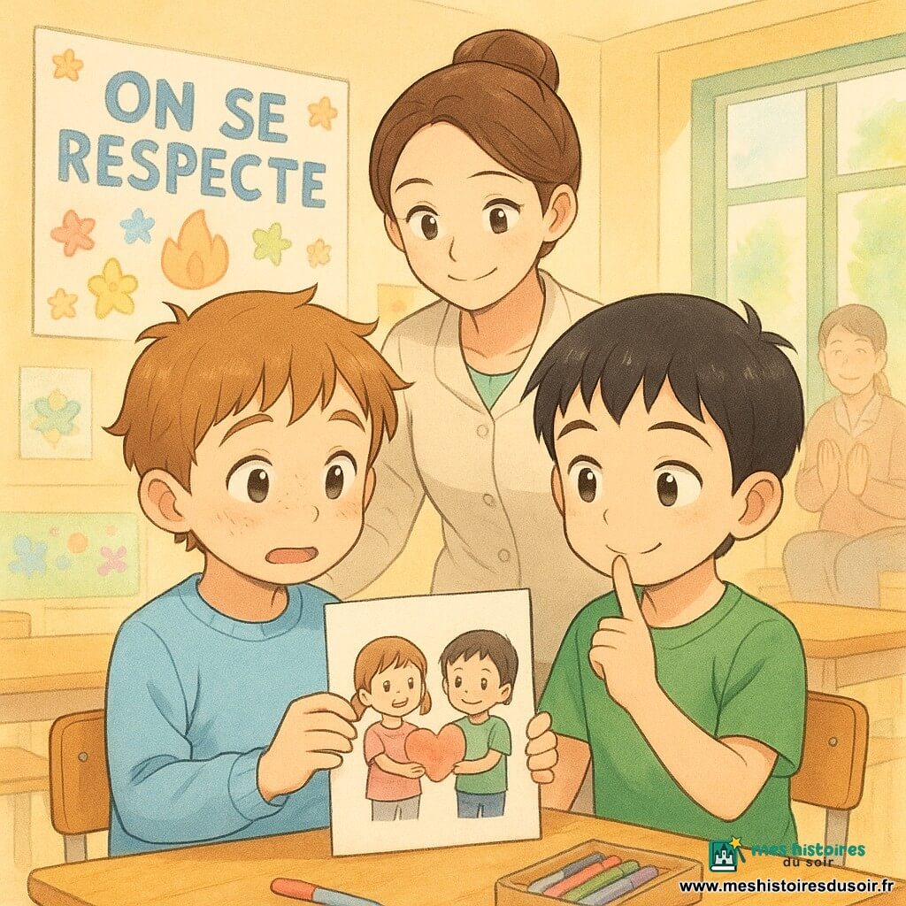 Malo, 6 ans, souriant mais un peu nerveux, visage rond et tâches de rousseur, cheveux châtain clair en bataille, porte un pull bleu ciel et tient une feuille décorée d’un dessin de deux enfants et d’un cœur; à sa droite Adam, 6 ans, cheveux noirs courts et sourire rassurant, le soutient en tenant la feuille droite et posant un petit doigt comme signe secret; Madame Lila, enseignante d’environ 30–40 ans, cheveux bruns en chignon et blouse claire, se tient derrière eux, main sur le dossier d’une chaise et regard encourageant; la classe est colorée et lumineuse avec une affiche “On se respecte”, dessins aux murs et parents flous applaudissant au fond; style graphique manga aux traits doux, couleurs pastel vives, textures crayon et aquarelle, lumières chaudes, atmosphère sécurisante et inclusive.