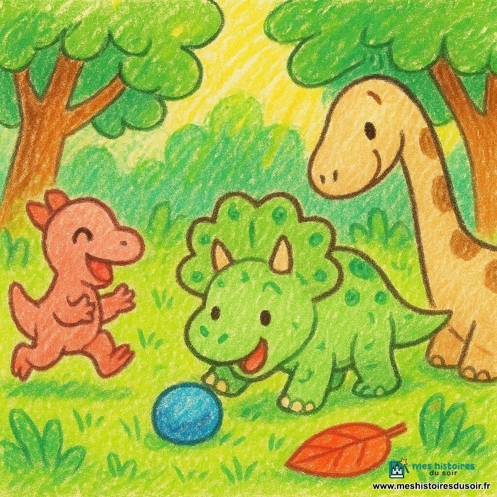 Tino, petit tricératops vert pâle à cornes courtes et collerette ronde, pousse doucement un petit caillou bleu pendant que Dodo, petite dino rosée, rit et applaudit à gauche en courant, et que Lulu, grand diplodocus beige tacheté, baisse la tête à droite sans écraser le caillou; ils sont en cercle sur l'herbe sous de grands arbres aux troncs bruns et feuilles larges, près d'une grande feuille rouge brillante, éclairés par une chaude lumière solaire, traits simples et couleurs vives style crayonné enfantin.