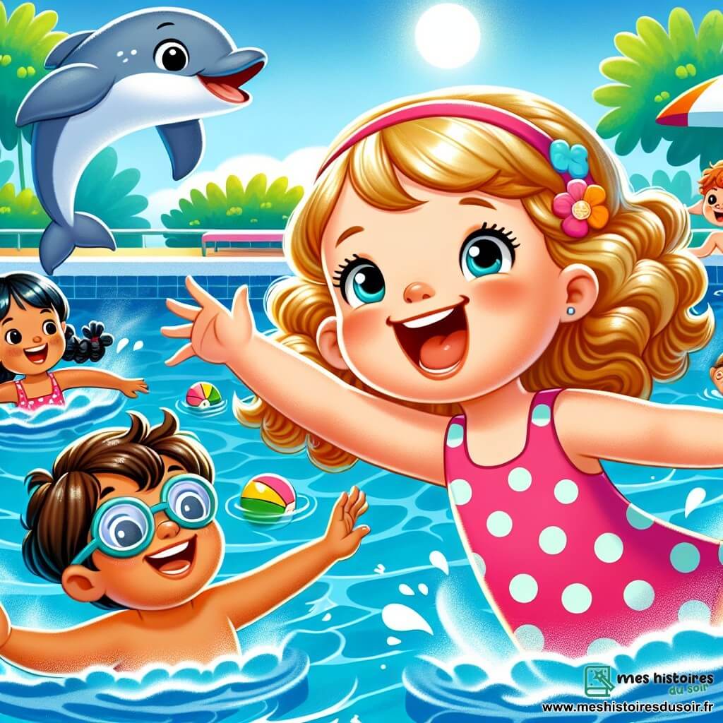 Clara, une petite fille de 4 ans aux cheveux bouclés et blonds, porte un maillot de bain rose à pois et nage joyeusement dans une piscine bleue. Léo, un garçon de 5 ans aux cheveux bruns en bataille, éclabousse autour d'elle en riant. Mia, une petite fille de 4 ans aux cheveux noirs tressés, plonge gracieusement, tandis que Max, un garçon de 5 ans aux lunettes rondes, les observe en riant au bord de la piscine. La scène se déroule en plein air, entourée de palmiers et de soleil, avec des bouées colorées flottant à la surface. Clara et ses amis s'amusent ensemble, encouragés par Monsieur Paul, un ancien champion de natation.