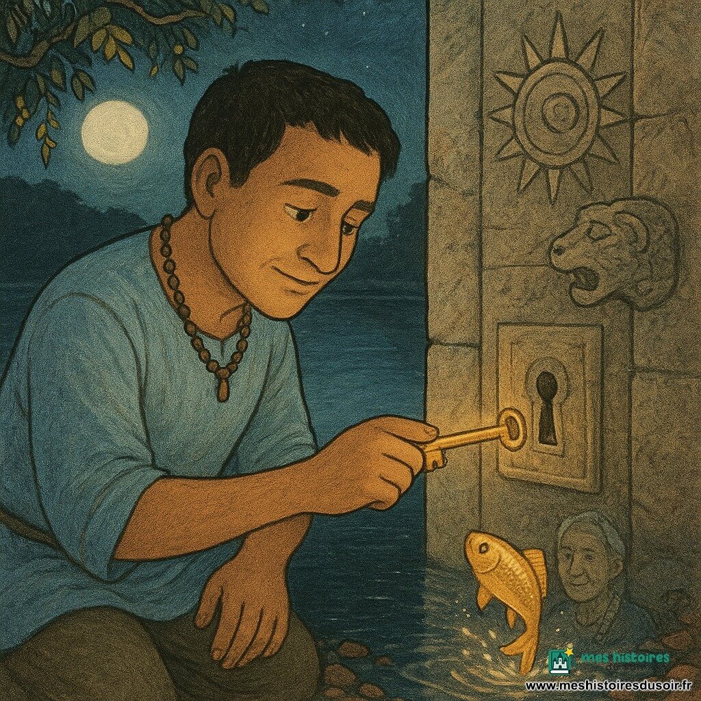 Técotl, homme doux au visage rond et cheveux courts, vêtu d’une tunique bleu ciel et portant un collier de graines, tient une petite clé en bronze qu’il insère dans la serrure d’une porte de pierre au bord d’un lac noir miroitant ; au moment où la clé touche la serrure la porte s’ouvre lentement et laisse échapper une lumière chaude et parfumée, tandis que, dans le reflet de l’eau, une femme âgée aux cheveux blancs tressés et un homme âgé à la barbe grise veillent comme des ancêtres, un poisson doré jaillit vers la clé, et la scène baigne dans une brume légère, des motifs soleil et jaguar ornent la porte et des tons chauds pour la pierre contrastent avec les bleus et argentés de l’eau nocturne.