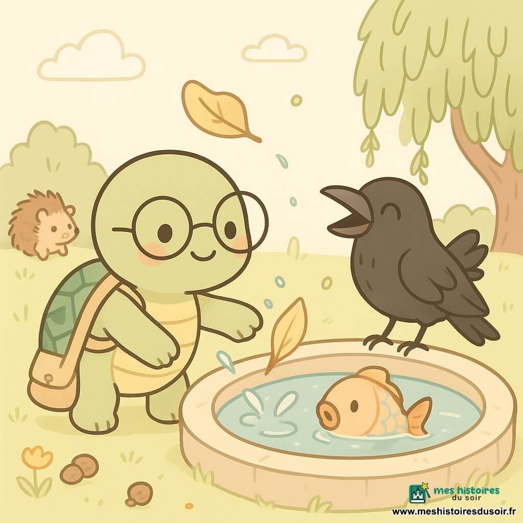 Tilda, une tortue malicieuse au visage rond et lunettes de travers, sourit en plongeant une patte dans la fontaine pour attraper une feuille volante; elle porte un petit sac en toile accroché à sa carapace verte à motifs géométriques et ses yeux brillent de curiosité. À droite, Coco le corbeau aux plumes noires et carnet sous l'aile, trempé et dramatique, jubile d'avoir récupéré la feuille, tandis que Monsieur Pique le hérisson, petit et piquant, roule maladroitement vers la fontaine, l'air étonné et amusé. Un poisson aux écailles irisées émerge, surpris, des bulles formant de petites notes musicales. La scène se déroule autour d'une fontaine en pierre ronde dans un pré ensoleillé avec nénuphars, saule aux branches tombantes, fleurs colorées et quelques glands; la feuille vole encore, pliant comme un papillon, gouttes d'eau éclatant en points brillants, palette pastel lumineuse, contrastes doux et contours nets, composition centrée sur Tilda et la feuille en mouvement.