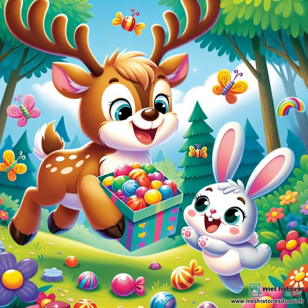 Un renne joyeux nommé Rémi, avec un pelage brun clair et des bois majestueux, saute de joie en découvrant une boîte brillante pleine de bonbons colorés. À ses côtés, Lulu, un petit lapin aux grandes oreilles blanches, sourit en sautillant avec enthousiasme. La scène se déroule dans une forêt enchantée, où les arbres sont hauts et verdoyants, et où des fleurs multicolores poussent autour d'eux. Rémi et Lulu, entourés de leurs amis animaux, célèbrent la découverte des bonbons, riant et dansant sous un ciel bleu éclatant.