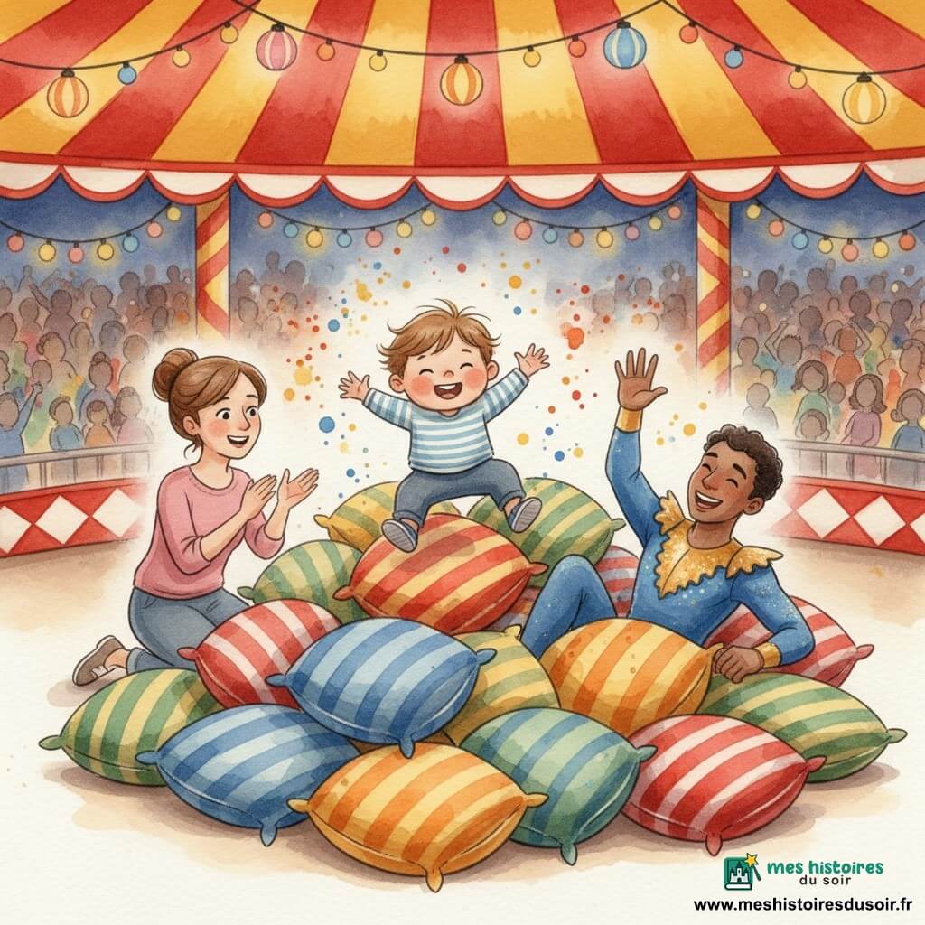 Un garçon de deux ans, joyeux, visage rond et joues roses, cheveux châtain clair en mèches souples, saute et roule dans un grand tas de coussins colorés tandis que sa mère, souriante, cheveux bruns en chignon, agenouillée à côté, applaudit doucement; un acrobate en costume bleu et or, perruque courte foncée, rit allongé au milieu des coussins avec une main levée. Le chapiteau rouge et jaune à larges bandes, lampions et éclairage chaud, gradins flous et silhouettes de spectateurs en arrière-plan encadrent cette scène douce, ludique et lumineuse centrée sur l'enfant, avec coussins veloutés à rayures et pois et touches de peinture aquarelle pour le mouvement.