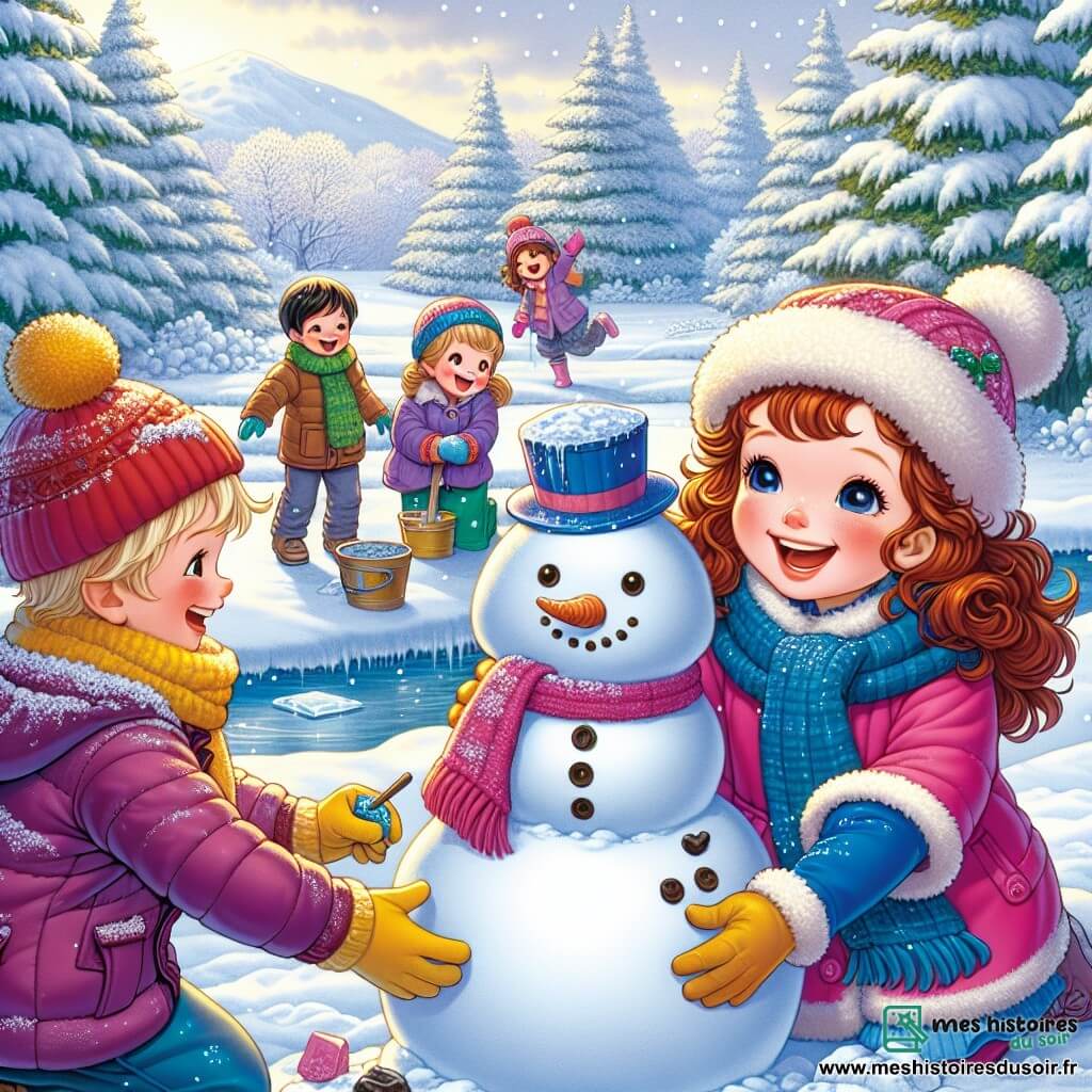 Lucie, 9 ans, aux cheveux châtains et bouclés, porte un manteau rose vif, des gants jaunes et une écharpe bleue. Elle sourit, les joues rosies par le froid, tout en construisant un bonhomme de neige. À côté, Hugo, 10 ans, avec des cheveux blonds en bataille, porte un bonnet rouge et une veste bleue, tenant un seau en plastique pour la tête du bonhomme, riant joyeusement. Élodie, 9 ans, aux cheveux longs et bruns, en combinaison violette, ajoute des boutons en charbon, son visage rayonnant d'excitation. La scène se déroule dans une clairière enchantée, entourée d'arbres couverts de neige, avec un étang gelé au centre. Lucie et ses amis s'amusent à créer un bonhomme de neige, capturant la magie de l'hiver et l'esprit d'amitié.