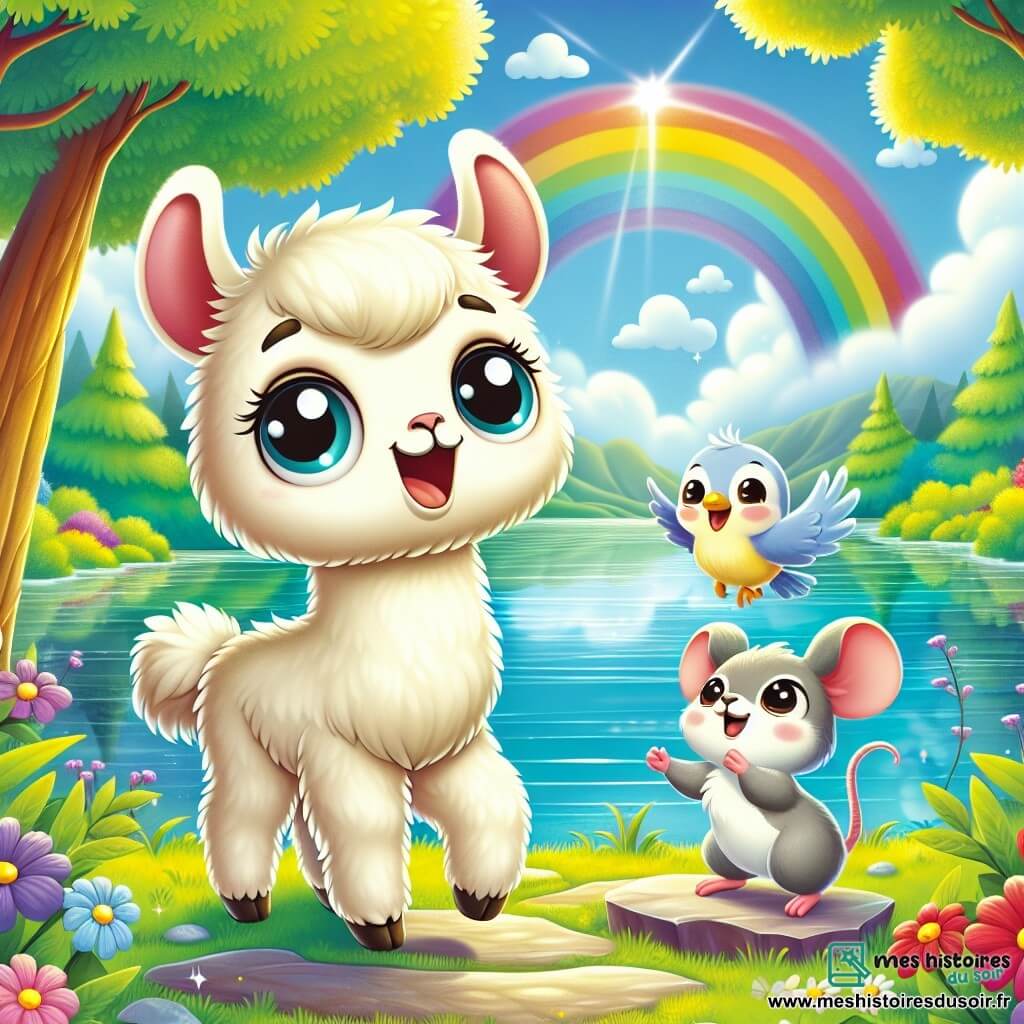 Lili, un petit lama au pelage crème, se tient joyeusement au bord d'un lac scintillant sous un arc-en-ciel. Ses grands yeux brillants expriment émerveillement et joie. À ses côtés, Coco, un oiseau aux plumes bleu et jaune, vole en cercles, chantant gaiement. Mimi, une souris grise et curieuse, est sur une pierre près du lac, regardant le duo avec un sourire radieux. Ils célèbrent leur aventure sous la pluie, dansant et chantant au bord du lac, entourés par la beauté de la forêt verdoyante et des fleurs colorées.