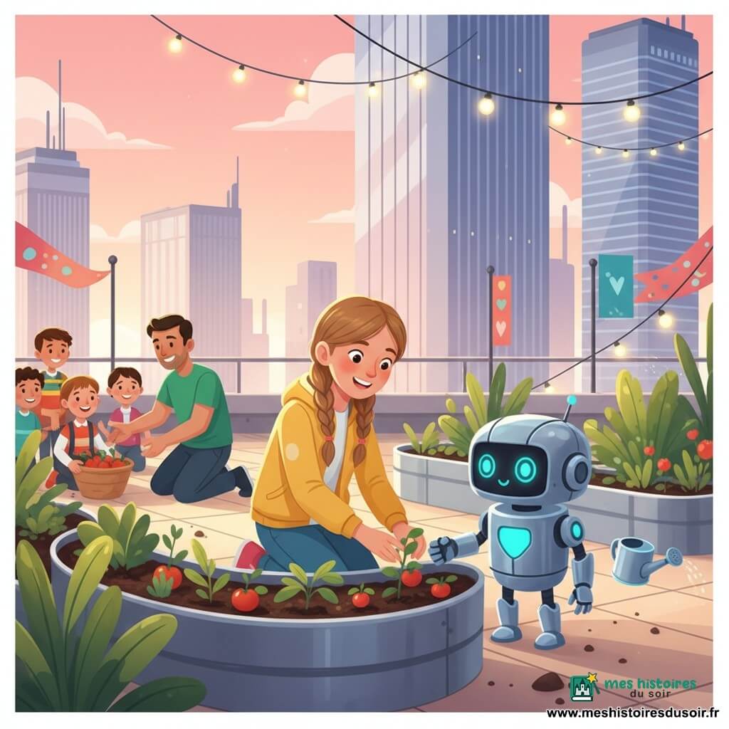 Une fillette de 8 ans aux tresses châtain clair, vêtue d'une veste jaune et d'un pantalon bleu, sourit en plantant une tomate tandis que Tico, petit robot métallique aux accents cyan et yeux lumineux, arrose à sa droite; un voisin d'une trentaine d'années au t-shirt vert, agenouillé, aide des enfants et tient un panier de légumes; la scène se déroule lors d'une fête de récolte dans un jardin communautaire sur une terrasse futuriste avec jardinières en métal, dalles lumineuses, lampes flottantes et gratte-ciel reflétant le crépuscule, ambiance chaleureuse et collaborative.