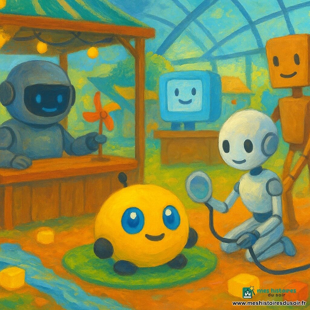 Pip, petit drone rond jaune citron de la taille d'une balle, recharge sur un tapis solaire vert au centre d'un cercle d'amis robots : Réglisse, petite robotte blanche vérifiant son connecteur avec un câble ruban ; un vendeur-robot à visière argentée montrant un mini-moulin à vent derrière lui ; un jardinier en bois dirigeant un rayon de lumière avec un petit miroir ; et Luma, borne carrée flottante à écran souriant bleu pâle affichant une flèche verte ; le tout dans un marché sous une grande verrière, stands en bois clair, guirlandes de lampes solaires, un mini-ruisseau et briques lumineuses, ambiance paisible, couleurs chaudes, formes simples et rondes adaptées aux jeunes enfants.