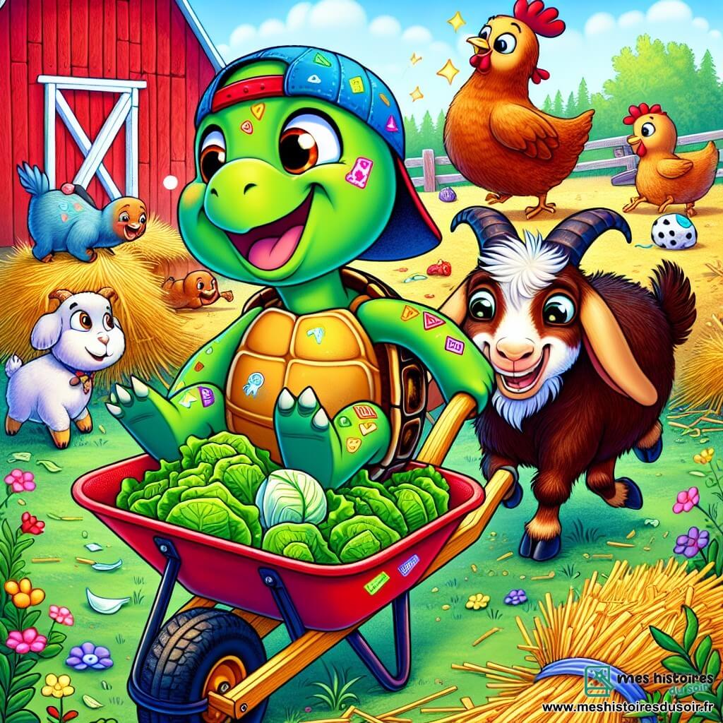 Tartine, une tortue joyeuse avec une carapace décorée d'autocollants fluo et une casquette à l'envers, sourit en poussant une brouette colorée remplie de feuilles de salade. À ses côtés, Réglisse, une chèvre espiègle aux yeux pétillants, l'encourage en sautillant. En arrière-plan, Paulette, une poule rousse aux plumes ébouriffées, se débat joyeusement dans une botte de paille. La scène se déroule dans la cour d'une ferme animée, entourée de champs verdoyants et d'une grange en bois rouge. Les animaux créent une ambiance festive alors que Tartine et ses amis se préparent pour la grande course de brouettes.