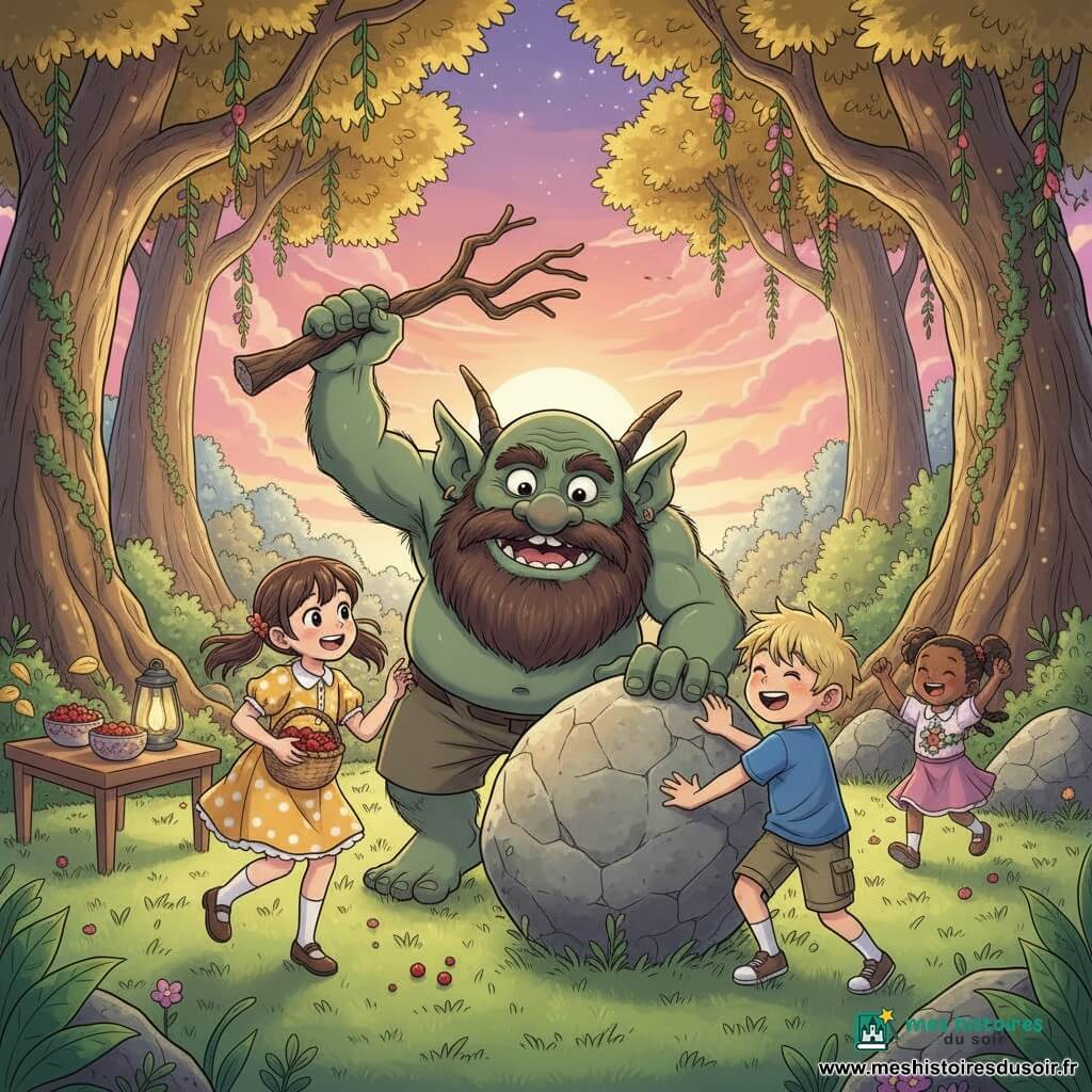 Grok, un grand troll à la peau vert foncé et à la grosse barbe brune, souriant et tenant une branche comme canne près d’une énorme pierre roulée ; Lila, 8 ans, couettes brunes et robe jaune à pois blancs, tient un panier de baies rouges à gauche du troll ; Max, 8 ans, cheveux blonds en bataille, t‑shirt bleu et short kaki, rit à droite en posant les mains sur la pierre comme s’il l’avait aidée à rouler. Clairière d’une forêt magique aux herbes vert tendre et arbres gigantesques aux feuilles dorées, fleurs multicolores suspendues, petite table en bois avec baies et lanternes ; célébration joyeuse autour de la pierre au coucher du soleil, lumière douce, étoiles naissantes, couleurs chaudes et contrastées. Style manga doux, expressions exagérées, palettes vives, textures détaillées, ambiance chaleureuse et enfantine.
