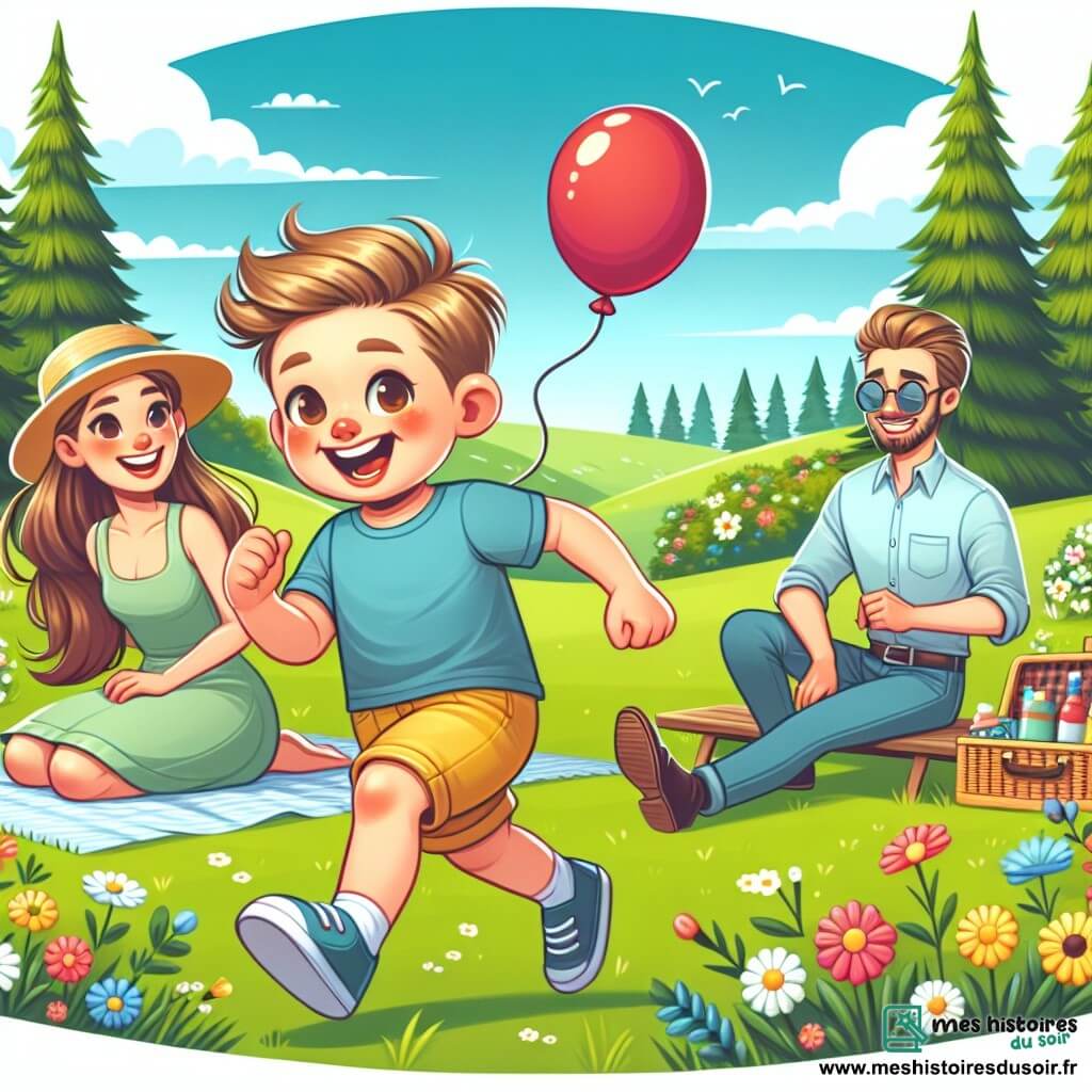 Un petit garçon de 2 ans, Tom, avec des cheveux châtains en bataille et de grands yeux pétillants, court dans un champ verdoyant en riant. Il porte un t-shirt bleu et un short jaune, tenant un ballon rouge. Sa maman, environ 30 ans, aux cheveux longs et bruns, sourit en le regardant, assise sur une couverture de pique-nique, vêtue d'une robe légère et d'un chapeau de paille. Son papa, environ 32 ans, avec une barbe légère et des lunettes de soleil, prépare un pique-nique sur une table en bois, entourée de fleurs colorées. Ce beau camp d'été est orné d'arbres majestueux et d'un ciel bleu. Tom court joyeusement, tandis que ses parents l'observent avec amour, créant une atmosphère de bonheur familial.