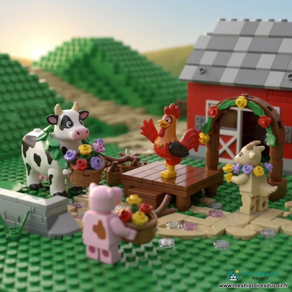 Rémy le coq rouge et malicieux chante sur une petite scène en bois, aile levée, tandis que Charlotte la grande vache tachetée tient un panier de fleurs près du muret, Gaston le cochon espiègle transporte fruits et branches au premier plan et Léa la chèvre place des fleurs sur un arc ; tous célèbrent et reconstruisent leur lieu de rencontre champêtre en briques au matin doré, avec collines verdoyantes, grange rouge, chemin de terre et pétales brillants, ambiance joyeuse et gestes de coopération.