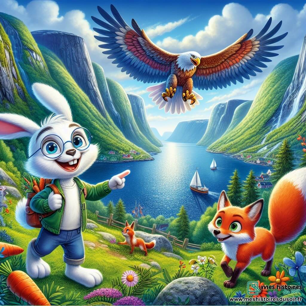 Un petit lapin nommé Oscar, avec un pelage blanc et des grandes oreilles, porte des lunettes rondes et un petit sac à dos rempli de carottes. À ses côtés, un renard amical nommé Luna pointe une falaise surplombant la mer, montrant à Oscar les merveilles des fjords. Un aigle majestueux, Eirik, vole au-dessus d'eux, ajoutant une touche de magie à la scène. Ils admirent la beauté d'un fjord norvégien, entourés de montagnes vertes, de fleurs colorées et d'une mer d'un bleu profond, remplis d'émerveillement et de joie.