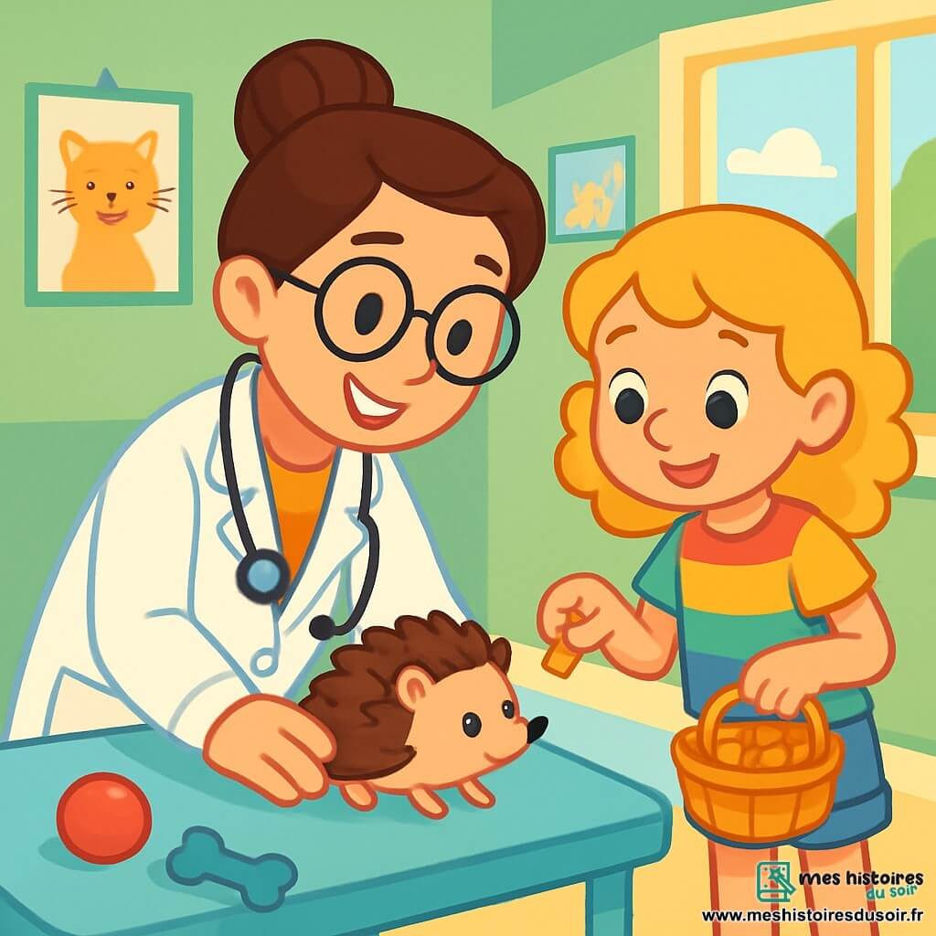 Docteur Zoé est une femme souriante avec des cheveux bruns en chignon et des lunettes rondes. Elle porte une blouse blanche et un stéthoscope, se penchant vers un petit hérisson. À ses côtés, Lila, une fille de 8 ans aux cheveux blonds et bouclés, observe avec fascination, tenant un panier de friandises pour animaux. La scène se déroule dans une clinique vétérinaire lumineuse aux murs verts pastel, avec des posters d'animaux et des jouets éparpillés. Docteur Zoé examine le hérisson, tandis que Lila tend une friandise, créant une atmosphère chaleureuse.