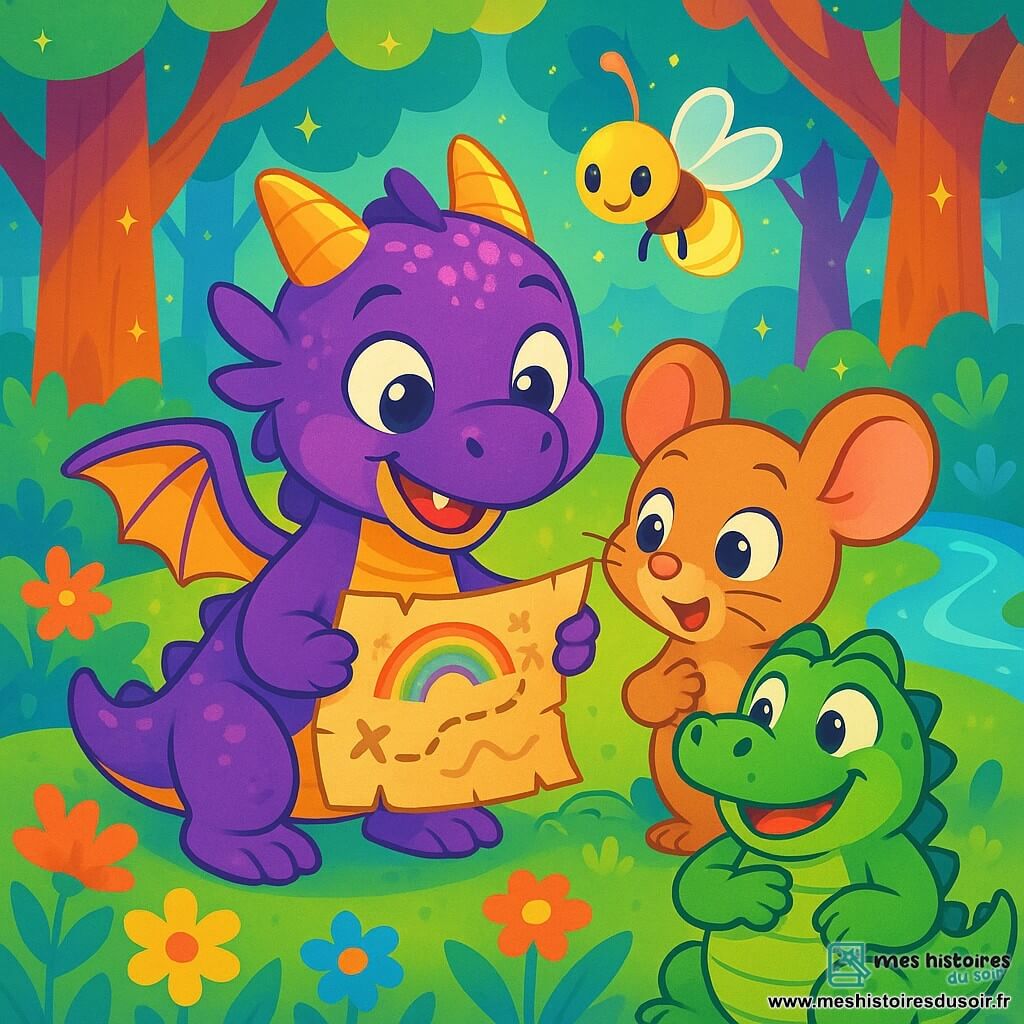 Un petit dragon violet nommé Plum, avec des écailles scintillantes et de grands yeux curieux, tient une carte mystérieuse dans ses pattes. Il sourit, prêt pour l'aventure. À ses côtés, Miette, une souris malicieuse, regarde la carte avec excitation. Lilo, une luciole, éclaire la scène de sa lumière dorée, tandis que Croc, un petit crocodile vert, se frotte le ventre, impatient de découvrir le trésor. La scène se déroule dans la Forêt Enchantée, avec des arbres colorés, des fleurs multicolores et une rivière scintillante. Les aventuriers planifient leur chemin vers le Trésor Arc-en-ciel, entourés de mystères et d'excitation.