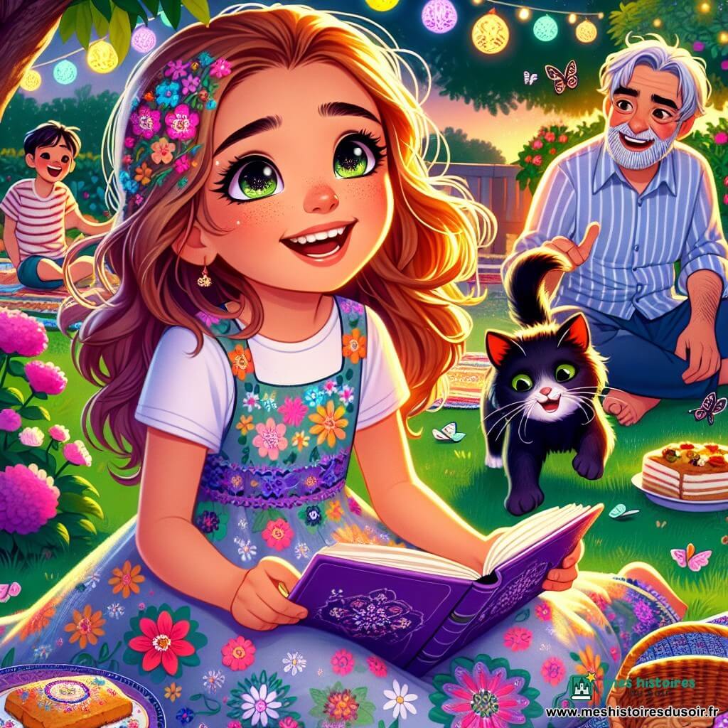 Assia, une fille de 12 ans aux grands yeux pétillants et au sourire radieux, est assise dans un jardin sur l'herbe verte, entourée de fleurs colorées. Elle porte une robe légère aux motifs floraux et tient un carnet violet sur ses genoux, affichant une expression joyeuse. À côté d'elle, son petit frère Karim, âgé de 7 ans avec des cheveux bruns en bataille et un t-shirt rayé, rit en jouant avec un chat noir qui chasse des papillons. En arrière-plan, leur voisin Monsieur Azouzi, un homme d'une cinquantaine d'années avec une barbe grise, tient un panier de gâteaux à partager. Le jardin est illuminé par la lumière du soir, avec des lampions colorés dans les arbres, créant une ambiance festive. La scène montre Assia et Karim riant ensemble, savourant un moment de partage et de bonheur pendant le Ramadan, entourés de l'amour de leur communauté.