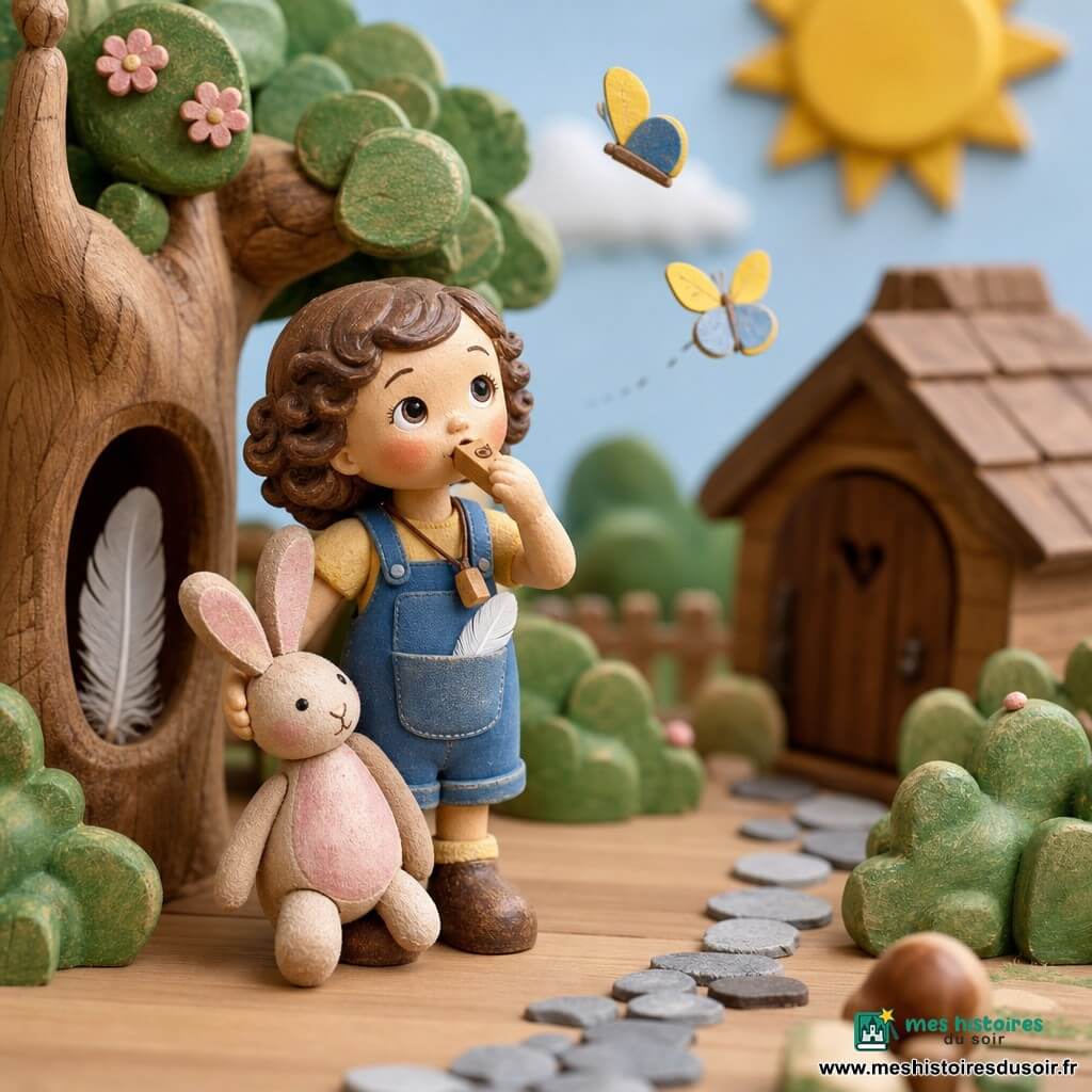 Fillette de 4 ans au visage rond, boucles brunes, grands yeux curieux et sourire lumineux, posture courageuse, tient un doudou Lapinou en tissu sous le bras et souffle dans un petit sifflet en bois autour du cou; un Lapinou en peluche stylisé (rose pâle et beige, yeux brodés) posé contre elle; un papillon en papier jaune et bleu vole autour de sa tête, montré en deux positions; arrière-plan : jardin miniature en bois peint avec cabane brune, vieux pommier sculpté au tronc creux contenant une plume blanche, chemin de cailloux gris, buissons verts et ciel bleu clair avec soleil jaune; scène douce et lumineuse d'exploration, elle regarde le creux du pommier avec étonnement joyeux, plume visible dans sa poche, diorama sur une table en bois clair, éclairage chaud, couleurs vives, style illustratif enfantin, atmosphère rassurante et aventureuse.