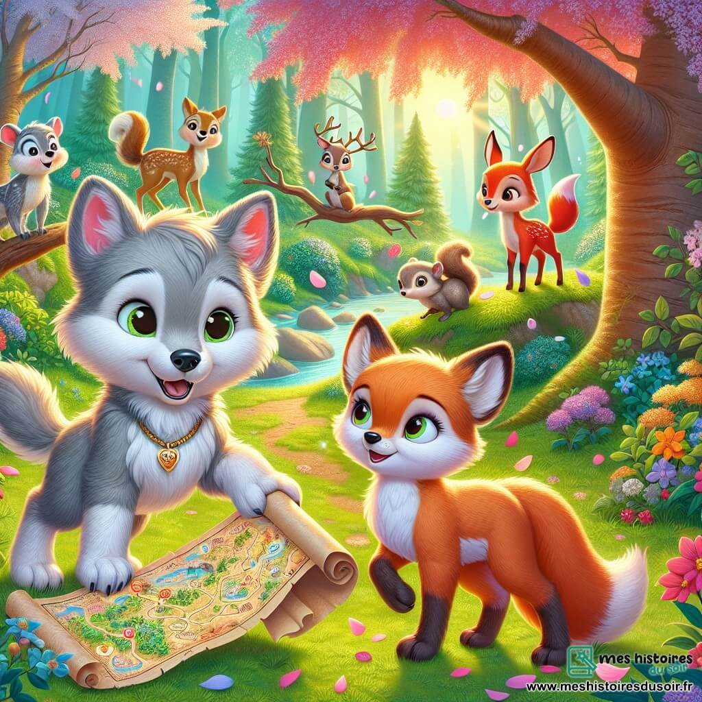 Un petit loup nommé Titus, avec un pelage gris et des yeux curieux, se tient sur ses pattes arrière, souriant et tenant une carte au trésor colorée. À ses côtés, Mimi l'écureuil grimpe sur une branche, excitée à l'idée d'explorer. Alex le renardeau, concentré, observe la carte, tandis que Zoé la biche admire les pétales tombants près d'un cerisier en fleurs. La scène se déroule dans une clairière ensoleillée de la forêt enchantée, entourée d'arbres majestueux et de fleurs colorées, avec un ruisseau murmurant doucement. Titus et ses amis sont en pleine chasse au trésor, découvrant des indices cachés, remplis d'enthousiasme pour leur aventure printanière.