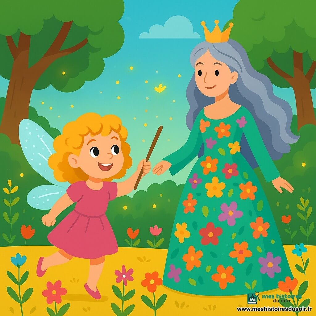 Lila, une petite fée aux ailes scintillantes et aux cheveux dorés, est au centre de l'image, déterminée et prête pour l'aventure avec sa baguette en bois de saule. À ses côtés, la Reine des Fées, majestueuse et souriante, porte une robe de fleurs multicolores et a des cheveux argentés. Le décor est une clairière dorée entourée d'arbres épais et de feuilles vertes, avec des lucioles illuminant les fleurs. Lila, courageuse, s'apprête à s'envoler vers le ciel nuageux pour retrouver la lumière perdue, encouragée par la Reine des Fées.