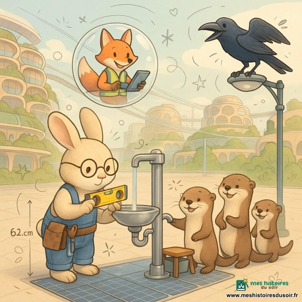 Orso, un lapin technicien calme et concentré au pelage beige et blanc, petites lunettes rondes, salopette bleue et sac à outils en cuir avec chiffon, tient un niveau à bulle et visse une petite fontaine argentée posée à 62 cm du sol; Lumo, un renard roux au gilet de contrôle vert, souriant et encourageant, se tient dans une capsule aérienne transparente arrêtée au‑dessus de la place avec un boîtier de diagnostic; Vire, un corbeau noir aux plumes lustrées, malicieux, est perché sur un lampadaire à droite et croasse en observant; trois petites loutres curieuses en file près de la fontaine, l'une appuie sur un bouton, l'autre tient un petit banc avec un réservoir détachable; la Place des Alvéoles présente de grandes dalles solaires, bâtiments en alvéoles arrondis empilés, passerelles suspendues, jardins en cascade, rails aériens translucides et lumières douces, ambiance diurne aux teintes pastel et reflets métalliques; situation : installation et test d'une fontaine à hauteur d'enfants, eau claire jaillissant en filet stable, petits vis et raccords visibles, expressions d'entraide et de soulagement.