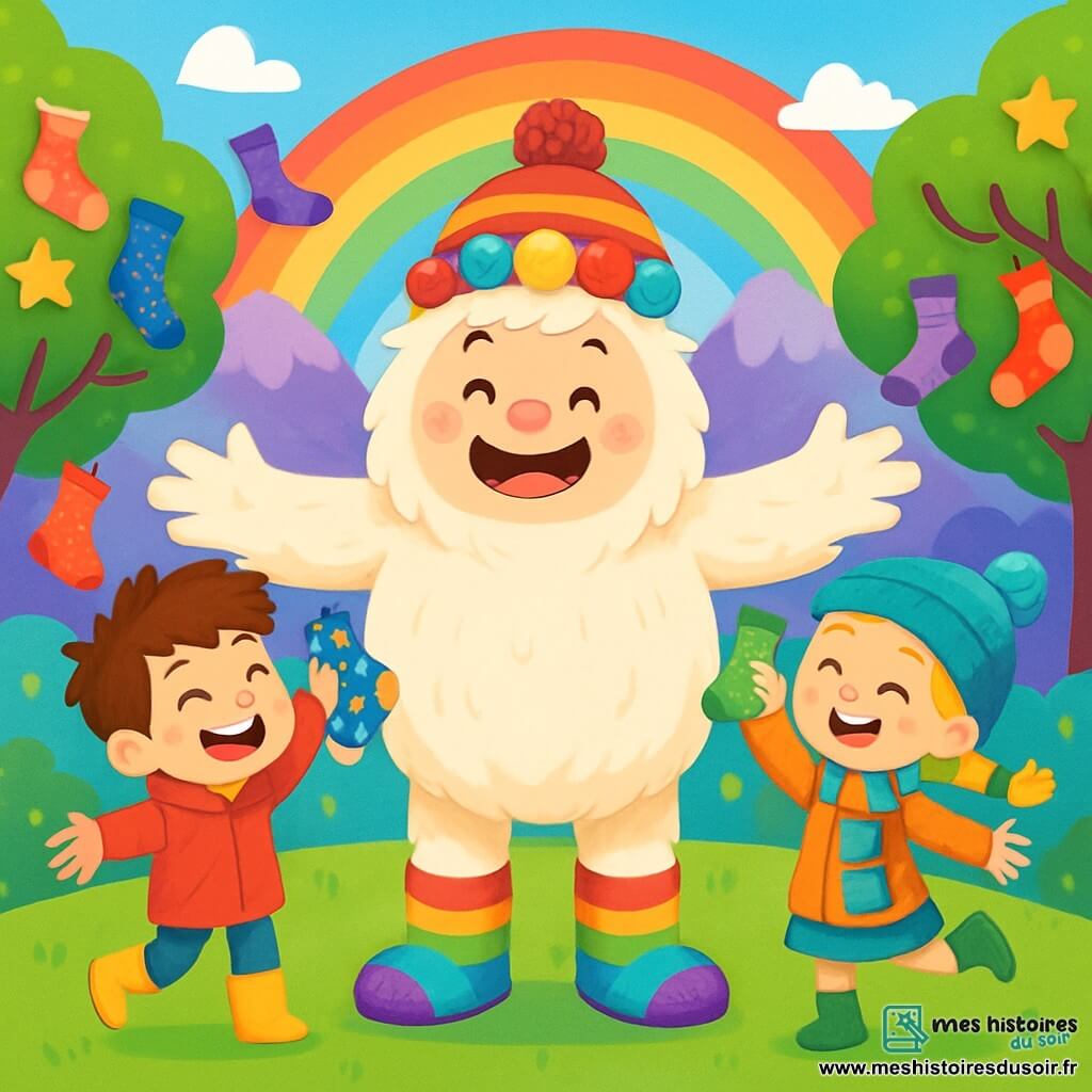 Un yéti rond et doux nommé Pompon se tient au centre de la scène, souriant joyeusement. Il porte un chapeau à pompons colorés et des bottes en feuilles d’arc-en-ciel, tendant les bras pour faire un câlin à ses amis. À sa droite, un petit garçon de 7 ans, avec des cheveux bruns en bataille, rit en montrant une chaussette à étoiles. À sa gauche, une petite fille de 6 ans, avec des tresses blondes, danse joyeusement avec une chaussette verte. La scène se déroule dans la vallée arc-en-ciel, avec des montagnes couvertes de mousse violette et des arbres portant des fruits en forme d’étoile. Des chaussettes colorées flottent dans l'air, ajoutant de la magie à l'environnement. Pompon et les enfants célèbrent la grande fête des chaussettes, riant et dansant ensemble dans une atmosphère de joie et d'amitié.