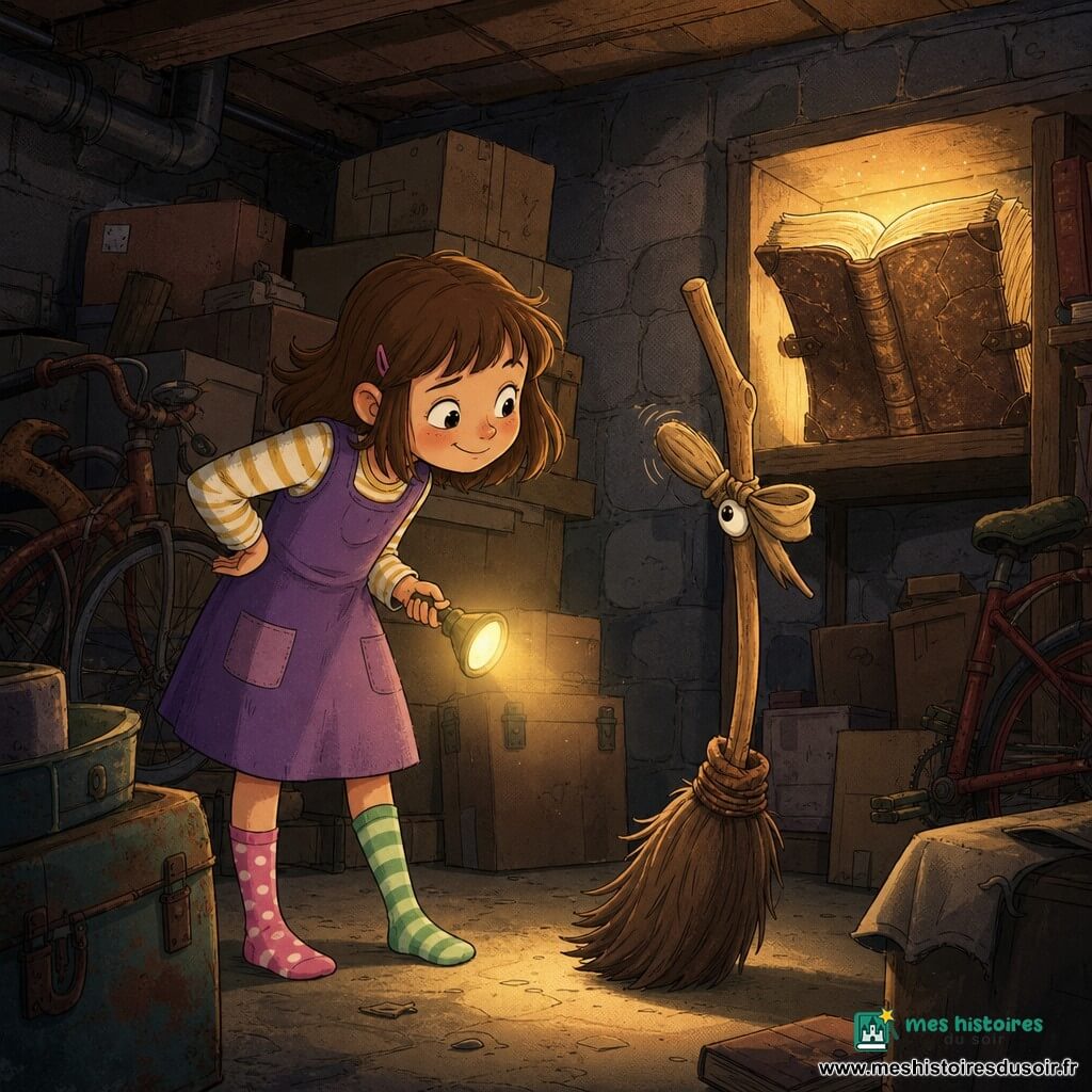 Mila, 8 ans, sourit malicieusement, yeux pétillants et joues rosées, porte des chaussettes dépareillées, une robe à poches et tient une petite lampe; penchée vers un balai en bois animé, manche clair formant un nœud-œil sérieux, brosse brune usée, qui se tient droit et salue légèrement; derrière lui, un grand livre ancien à la reliure craquelée affiche la page « Sort de Propreté Express » et luit doucement; la cave basse et encombrée, murs de pierre, boîtes empilées et vélos rouillés baignés par la lumière chaude de la lampe, crée des ombres dansantes tandis que le sort comique promet une scène humoristique et magique avec le balai prêt à balayer de travers.