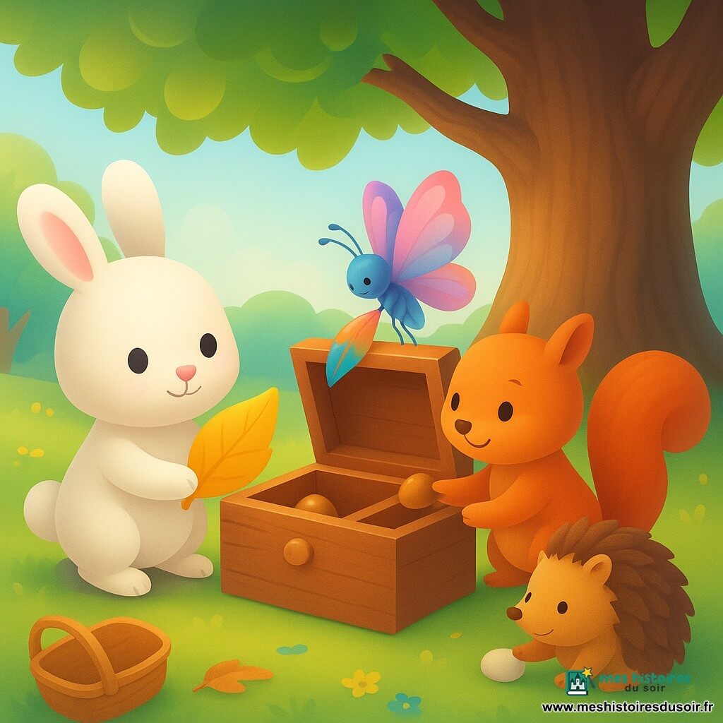 Lino, un petit lapin blanc au visage rond et sourire calme, dépose une grande feuille dorée dans un tiroir en bois; Noisette, un écureuil roux ébouriffé et maladroit, ajoute une noisette brillante depuis une pierre basse; Lueur, un papillon aux ailes roses et bleues, pose une plume colorée sur le bord du tiroir; Picoti, un petit hérisson brun timide, glisse un petit caillou blanc au pied du vieux chêne; ils sont réunis dans une clairière ensoleillée sous un grand chêne aux branches noueuses, herbe parsemée de fleurs, panier renversé et feuilles au sol, rangeant ensemble leurs trésors dans une ambiance chaleureuse et colorée, aux formes simples adaptées aux enfants.
