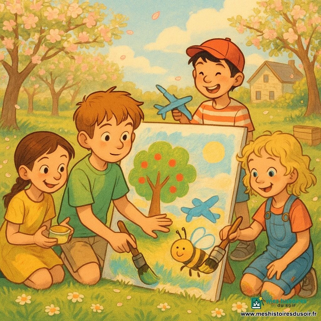 Quatre enfants peignent une grande fresque dans un verger de printemps : Luca, 10 ans, garçon aux cheveux châtain clair en bataille, T‑shirt vert, au centre, main sur un grand pinceau touchant un pommier peint ; Maya, 10 ans, fille aux cheveux bruns en tresse, robe jaune, accroupie à gauche, doigts tachés de peinture jaune, tenant une boîte de peinture ; Tom, 9 ans, garçon aux cheveux noirs et casquette rouge, à droite, peignant un petit avion bleu en riant ; Zoé, 8 ans, fille aux cheveux blonds bouclés en salopette en jean, en avant à droite, peignant une grosse abeille souriante. Le verger lumineux présente des pommiers en fleurs aux pétales roses et blancs, herbe parsemée de pâquerettes, ciel bleu pâle et une maison en pierre claire en arrière‑plan; la fresque aux touches larges utilise des couleurs fraîches (vert tendre, rose pâle, jaune, bleu ciel) avec textures épaisses, gestes joyeux, quelques panneaux et une boîte de compost esquissés, et une lumière douce du soir qui dore les feuilles tandis que des pétales flottent dans l'air.