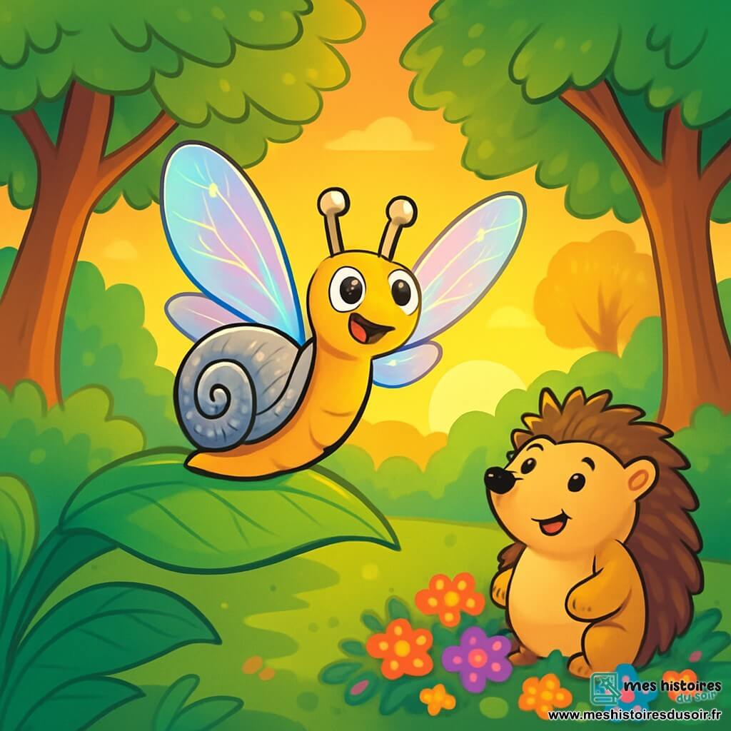Un petit escargot nommé Léon, avec une coquille argentée, se tient sur une grande feuille verte, les yeux brillants de joie. Il bat des ailes translucides, prêt à s'envoler. À proximité, Bernard le hérisson, avec ses piquants bruns, regarde Léon avec admiration, assis sur un tapis de fleurs colorées. La scène se déroule dans une clairière enchantée, baignée par la lumière du soleil couchant, entourée d'arbres majestueux et de fleurs éclatantes. Léon, plein d'excitation, s'apprête à prendre son envol, tandis que Bernard l'encourage avec fierté et amitié.