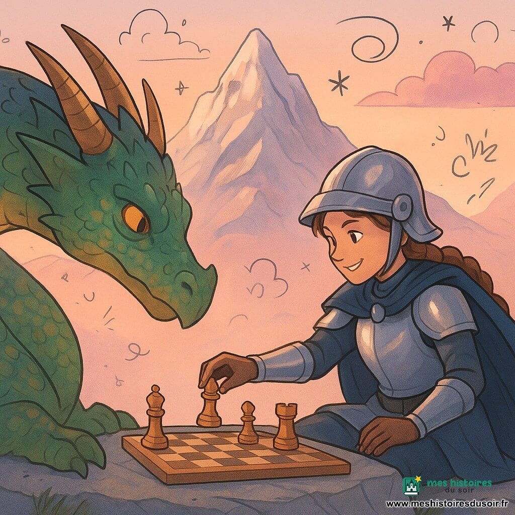 Chevaleresse adolescente courageuse et concentrée, visage déterminé et souriant, armure en acier poli aux reflets argentés, cape bleu nuit, tresses dépassant du casque, assise sur une pierre et déplaçant une pièce d’échecs en bois sur un petit plateau entre elle et le dragon; dragon imposant aux écailles irisées émeraude et or, yeux ambrés curieux et malicieux, museau près du plateau, incliné respectueusement, à gauche recroquevillé en demi-cercle; Montagne d’Argent au sommet rocheux brillant strié de métal pâle, nuages rose et violet, quelques cristaux scintillants et herbes basses; duel pacifique d’échecs sur la crête au crépuscule, ambiance d’aventure et de respect mutuel, composition rapprochée, contrastes chaud/froid et touches de doodles enfantins (étoiles, petites flèches) en overlay.