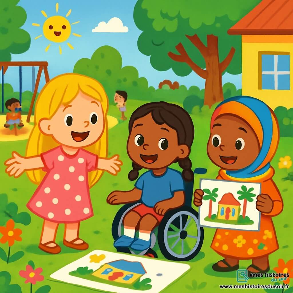 Il y a trois personnages : Léa, une fille de 5 ans aux longs cheveux blonds, souriante dans sa robe rose à pois blancs ; Maïa, également âgée de 5 ans, assise dans son fauteuil roulant, souriante dans son t-shirt bleu et short coloré ; et Amira, avec un foulard coloré et une robe florale, tenant un dessin de sa maison. L'action se déroule dans une cour d'école ensoleillée, entourée d'arbres et de fleurs, où des enfants jouent. Les trois filles dessinent ensemble sur une grande feuille, échangeant des sourires complices et illustrant la joie de partager leurs différences.