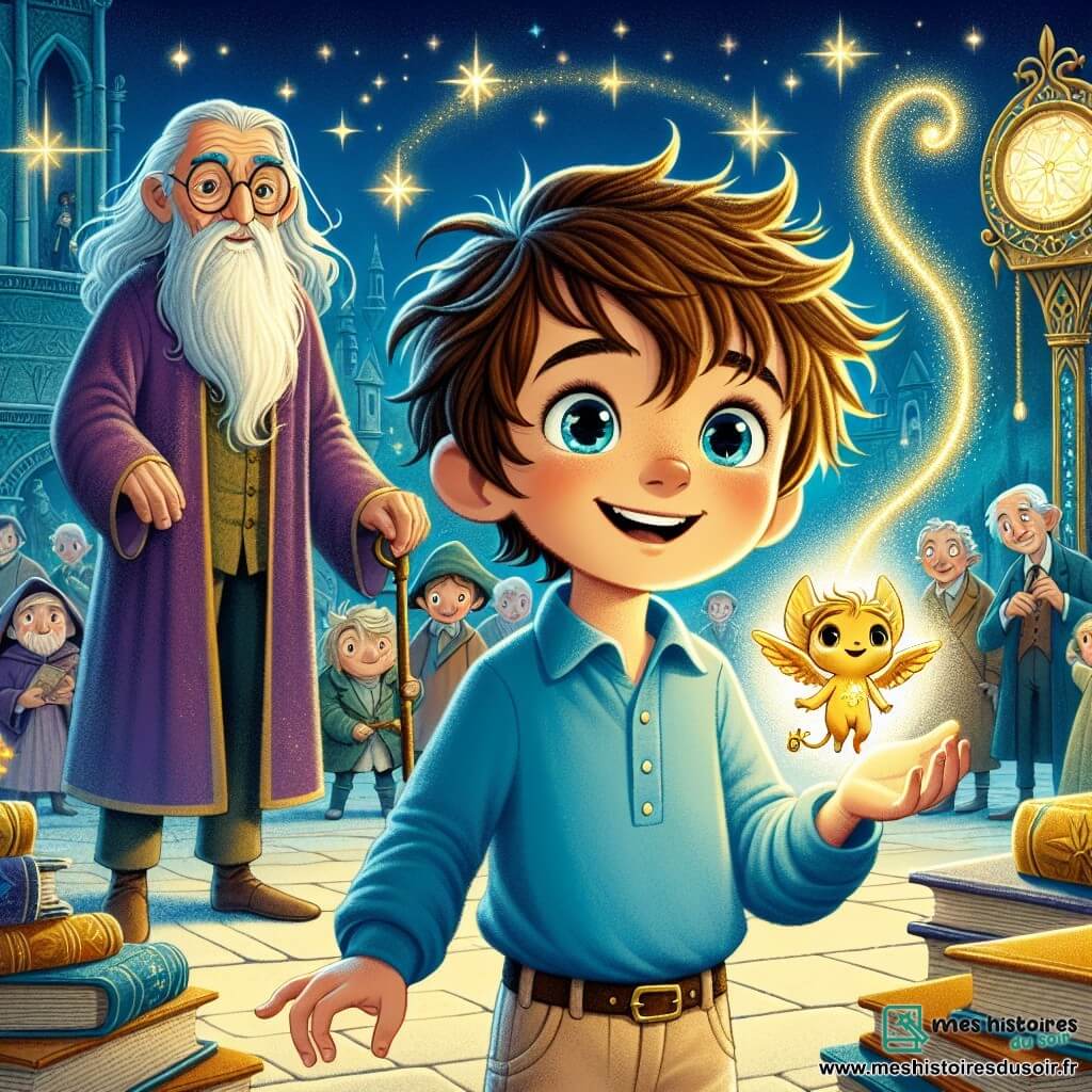 Un garçon de 9 ans, Timothée, se tient au centre de l'image, avec des cheveux châtains en bataille et des yeux pétillants de curiosité. Il porte une chemise bleue et un pantalon beige, son visage exprimant une détermination joyeuse alors qu'il tient une clé dorée dans ses mains. À ses côtés, sa meilleure amie, Luma, est représentée comme une petite sphère lumineuse flottante, émettant une douce lumière dorée. En arrière-plan, le vieux scribe Maître Elrond, un homme âgé avec une longue barbe blanche, observe la scène avec un sourire bienveillant, vêtu d'une robe en velours violet, entouré de vieux livres. Le décor est la grande place de Lumina, où se dresse l'imposante horloge astrale, ornée de motifs étoilés. Timothée insère la clé dorée dans le mécanisme caché de l'horloge, tandis qu'une lumière brillante éclate autour d'eux, symbolisant la magie et la science qui se rejoignent dans un moment de découverte.
