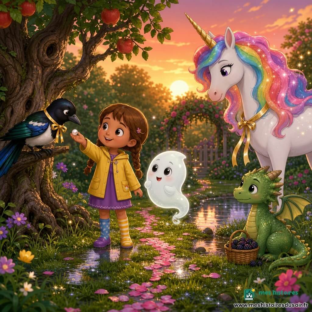 Pipo, petit fantôme rond et translucide aux grands yeux noirs et sourire timide, flotte au-dessus de l'herbe en agitant une courte queue en spirale ; Lila, fillette de 4 ans aux nattes châtain clair et chaussettes dépareillées, tend un bouton nacré à une pie noire aux reflets bleus et verts portant un ruban d'or, perchée sur un vieux pommier noueux ; la licorne Lune, grande et blanche à crinière arc‑en‑ciel, attend près d'un étang-miroir tandis que Pipo et un petit dragon vert observent la scène dans un jardin après la pluie aux couleurs chaudes, pétales roses et poussière d'étoiles — échange doux et juste pour rendre le ruban à la licorne.